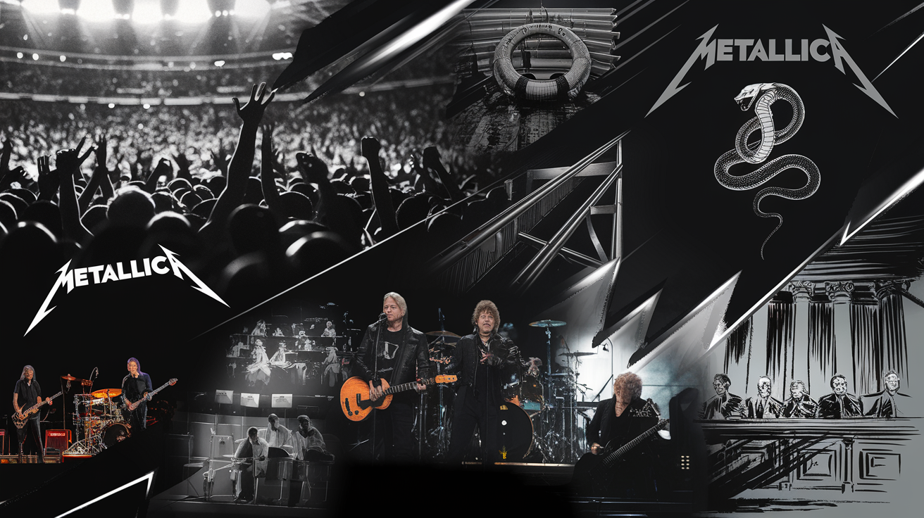 Collage illustrant l'héritage de Metallica avec le Black Album, S&M2 et Napster