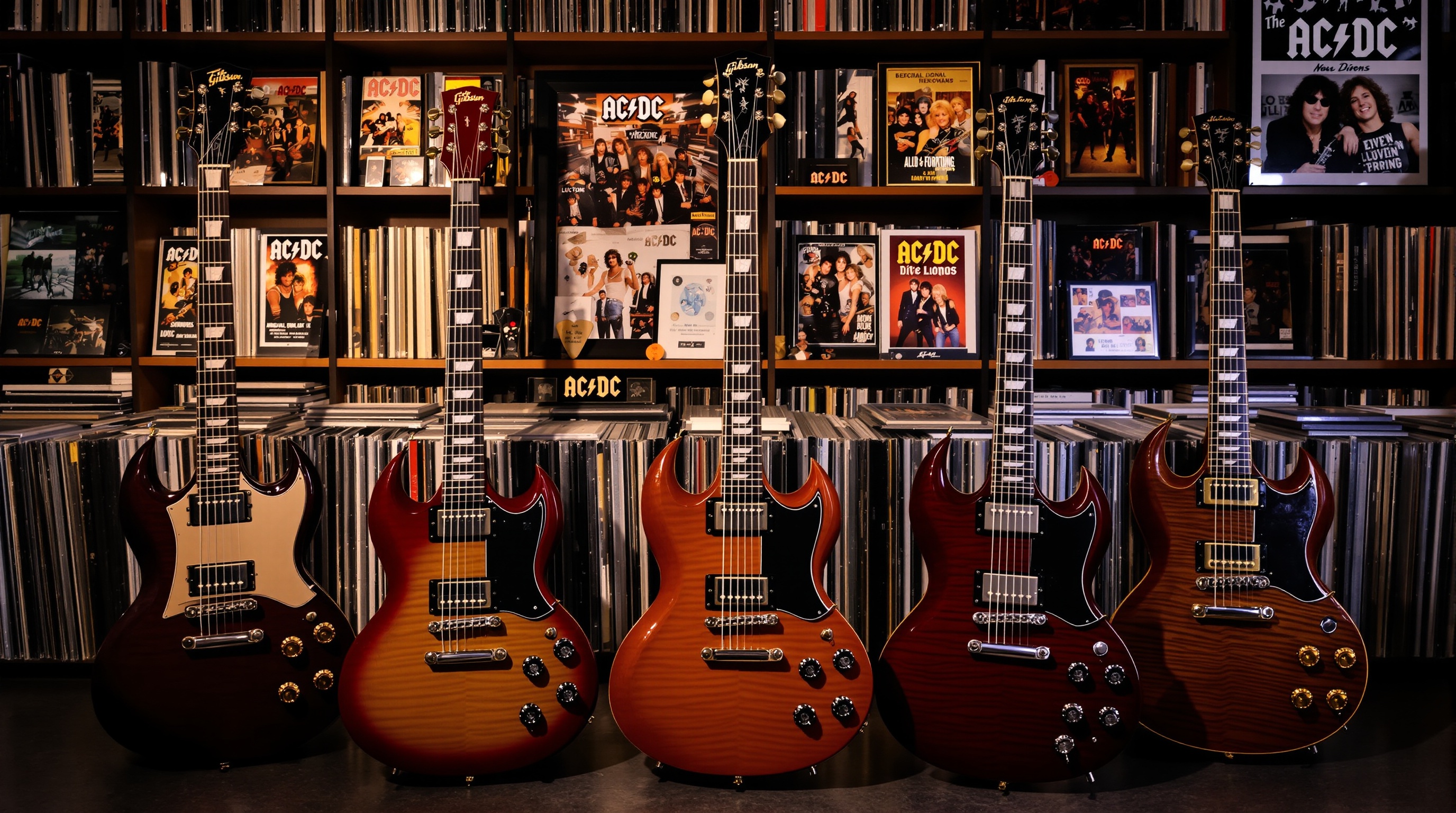 Collection privée de Gibson SG entourée d’objets cultes AC/DC – médiators signés, affiches vintage.