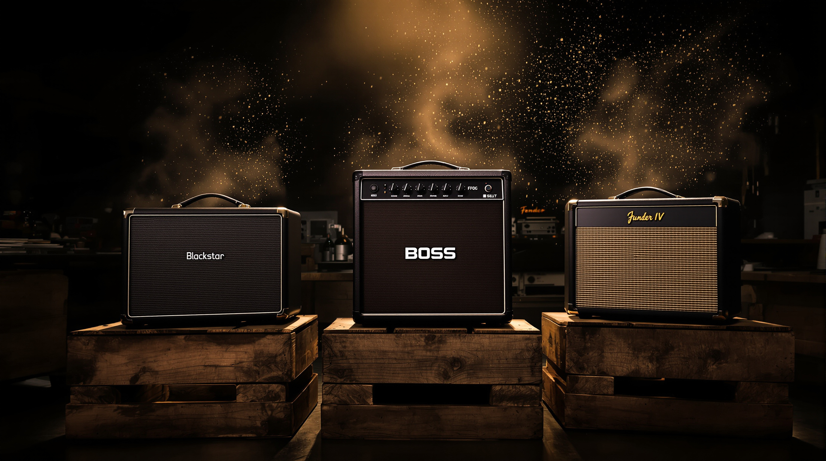 Comparatif esthétique de Blackstar Debut 15E, Boss Katana 50 MkII et Fender Blues Junior IV en atelier
