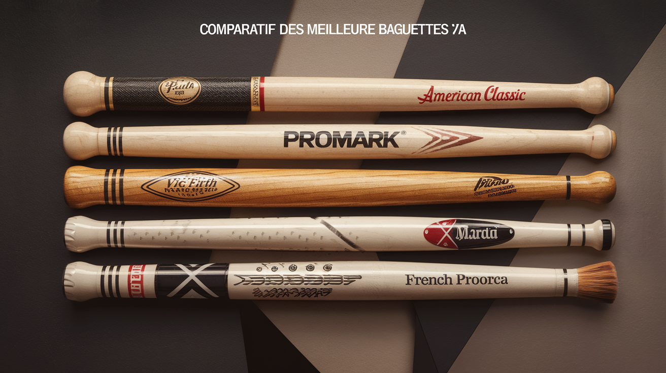 Comparatif visuel des trois meilleures baguettes 7A alignées côte à côte sur un fond sobre : la Vic Firth American Classic, la Promark Hickory, et la ProOrca française. Les logos et les pointes spécifiques de chaque modèle sont clairement visibles.