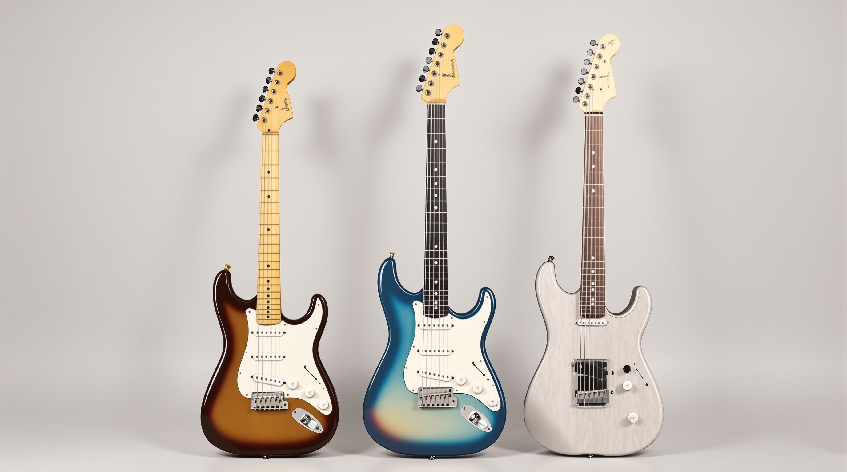 Comparatif visuel : Squier Mini Stratocaster, Yamaha Pacifica, Ibanez Mikro alignées sur fond neutre