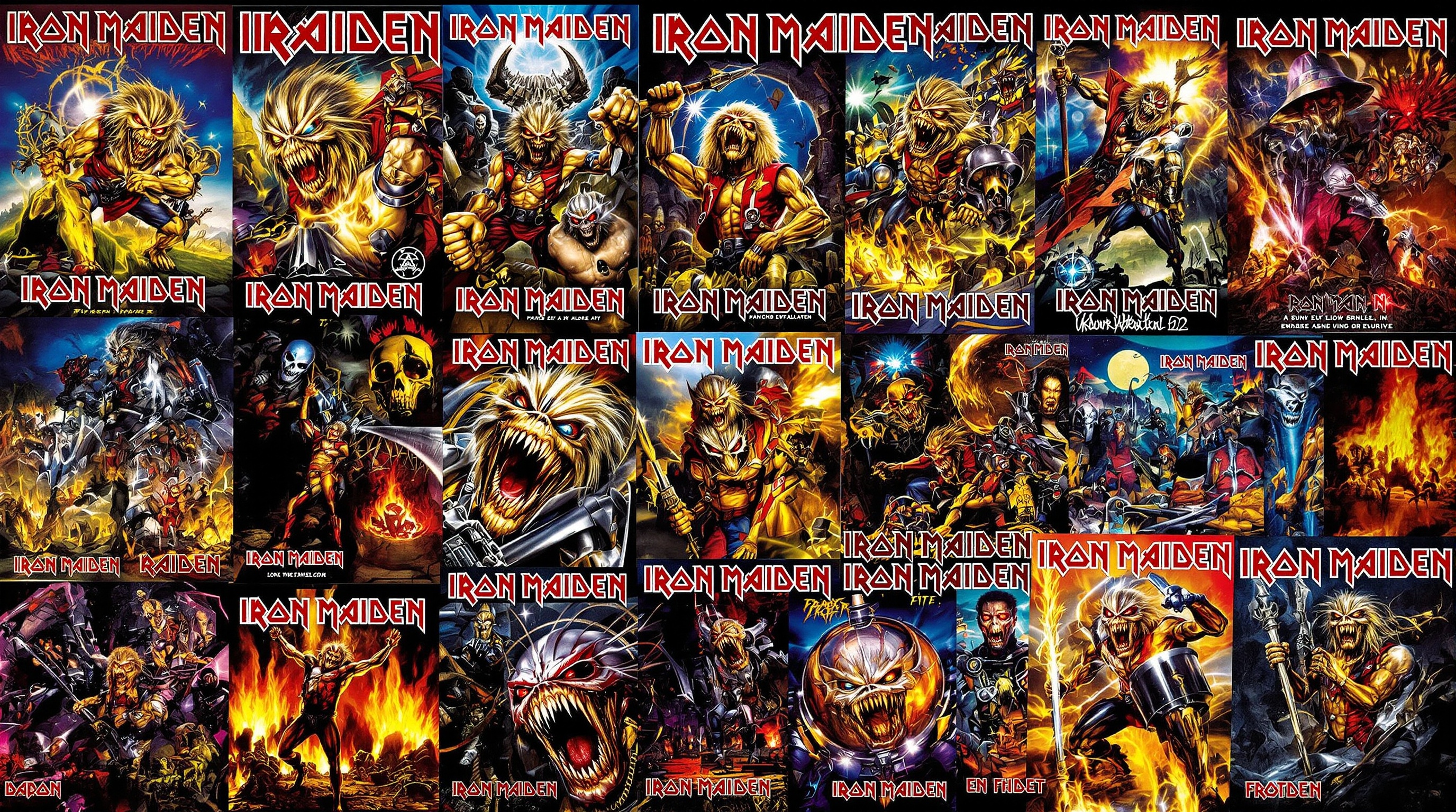 Compilation de pochettes d'albums iconiques d'Iron Maiden.