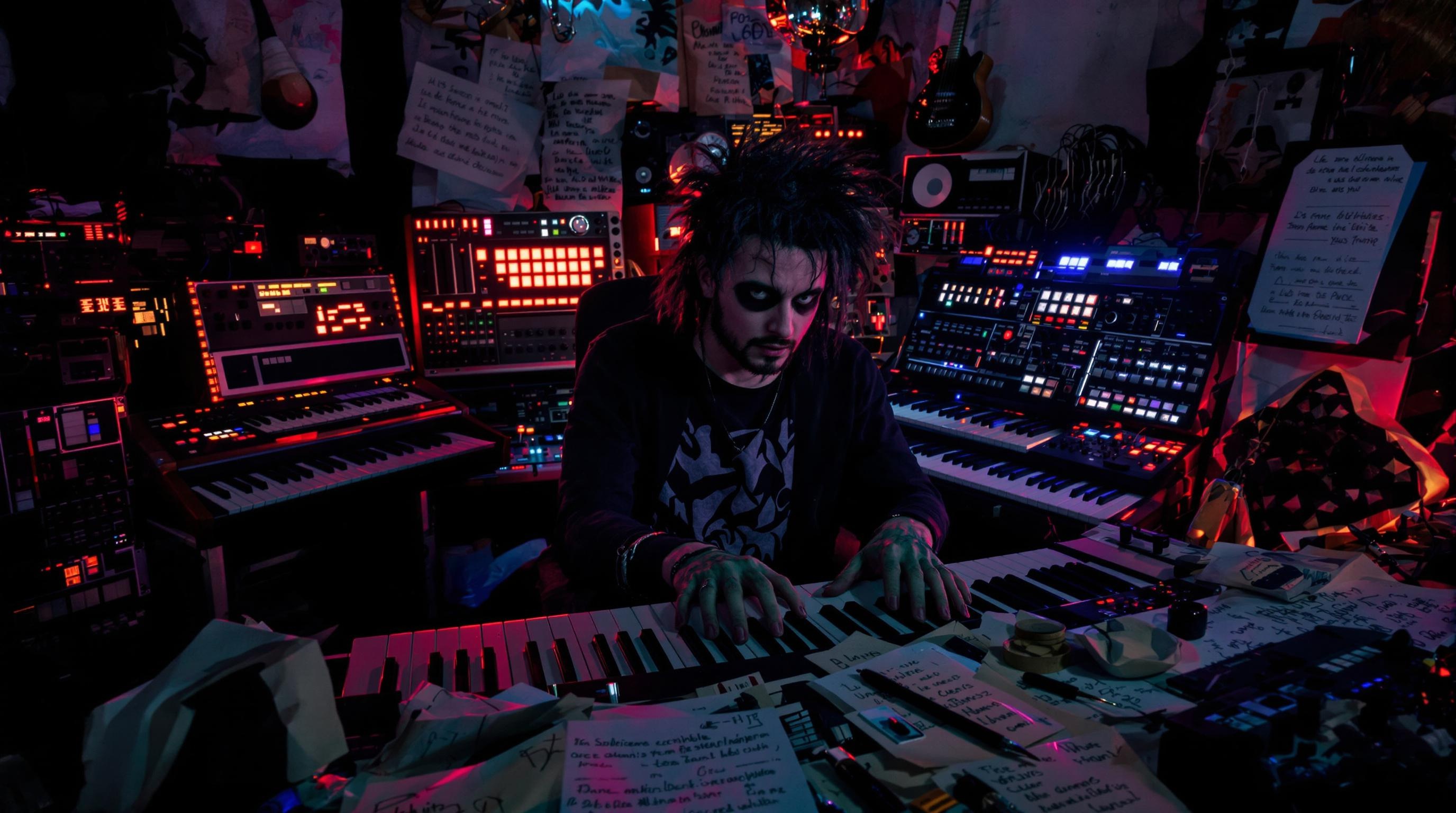 Compositeur excentrique avec synthétiseur, berimbau et partitions en pleine création.