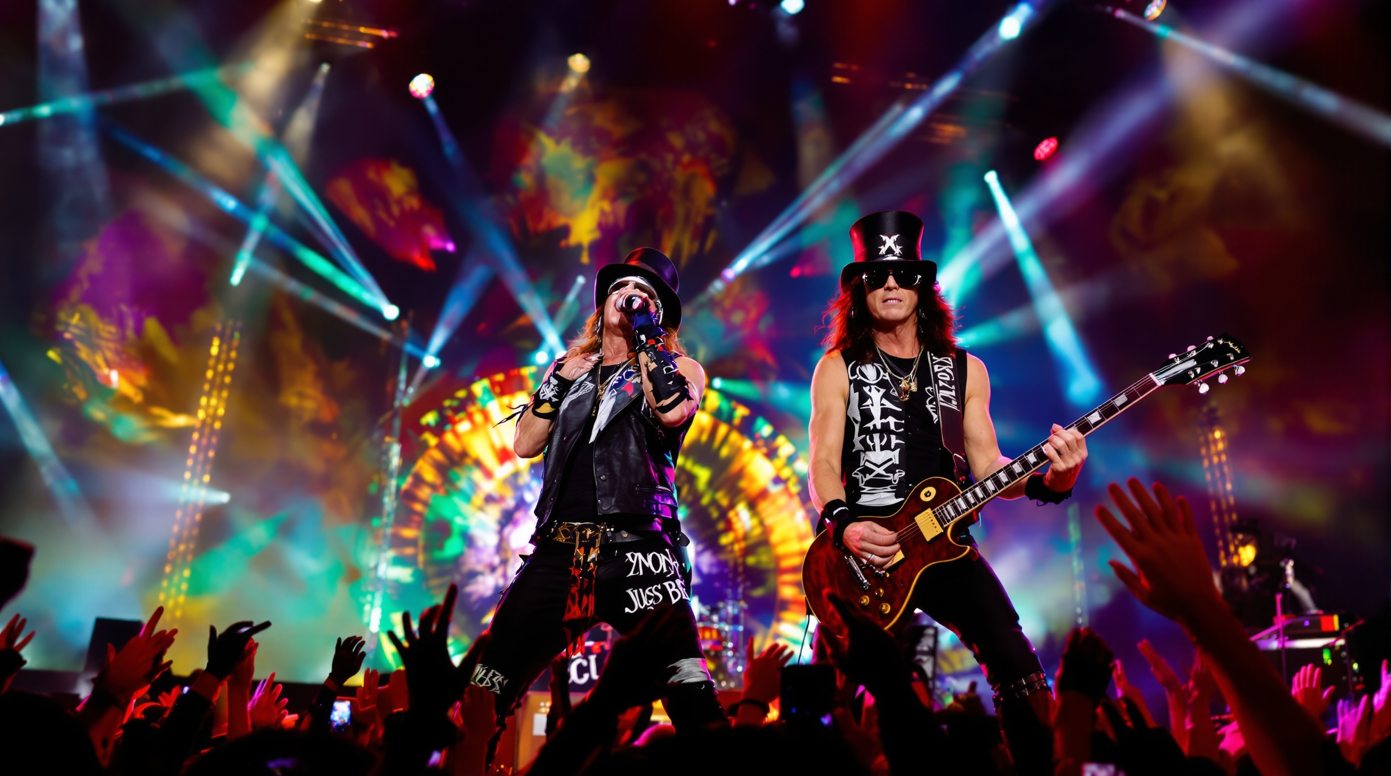 Guns N' Roses en concert en 2024 : Axl Rose et Slash électrisant la foule avec un jeu de lumières intense.