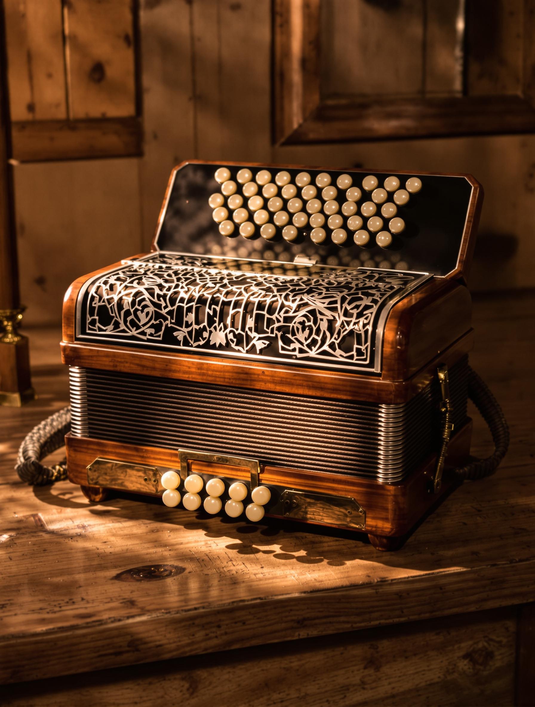 concertina diatonique ancien sur table bois ambiance chaleureuse