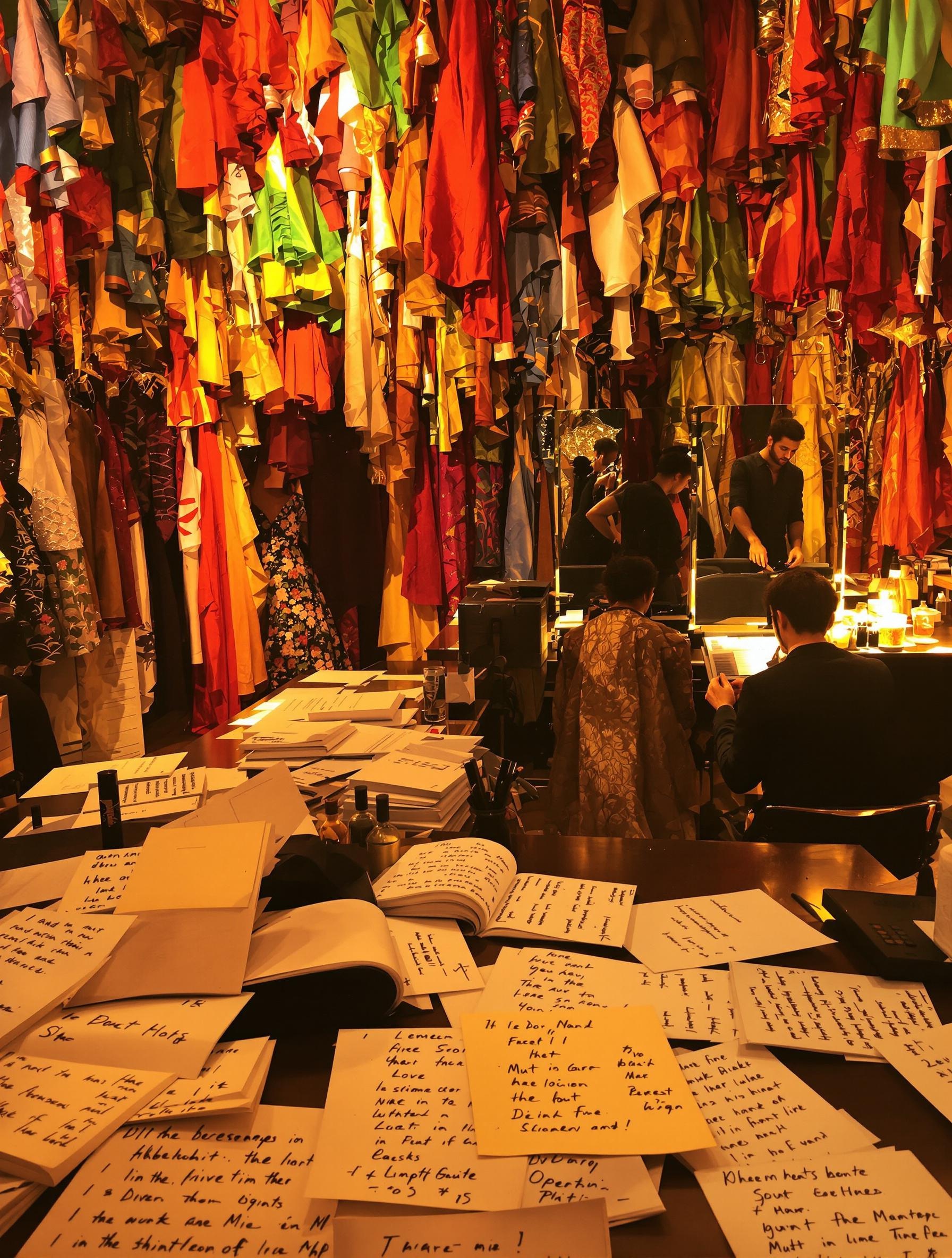 Loges d'opéra avec costumes colorés, partitions annotées et chanteurs en préparation.