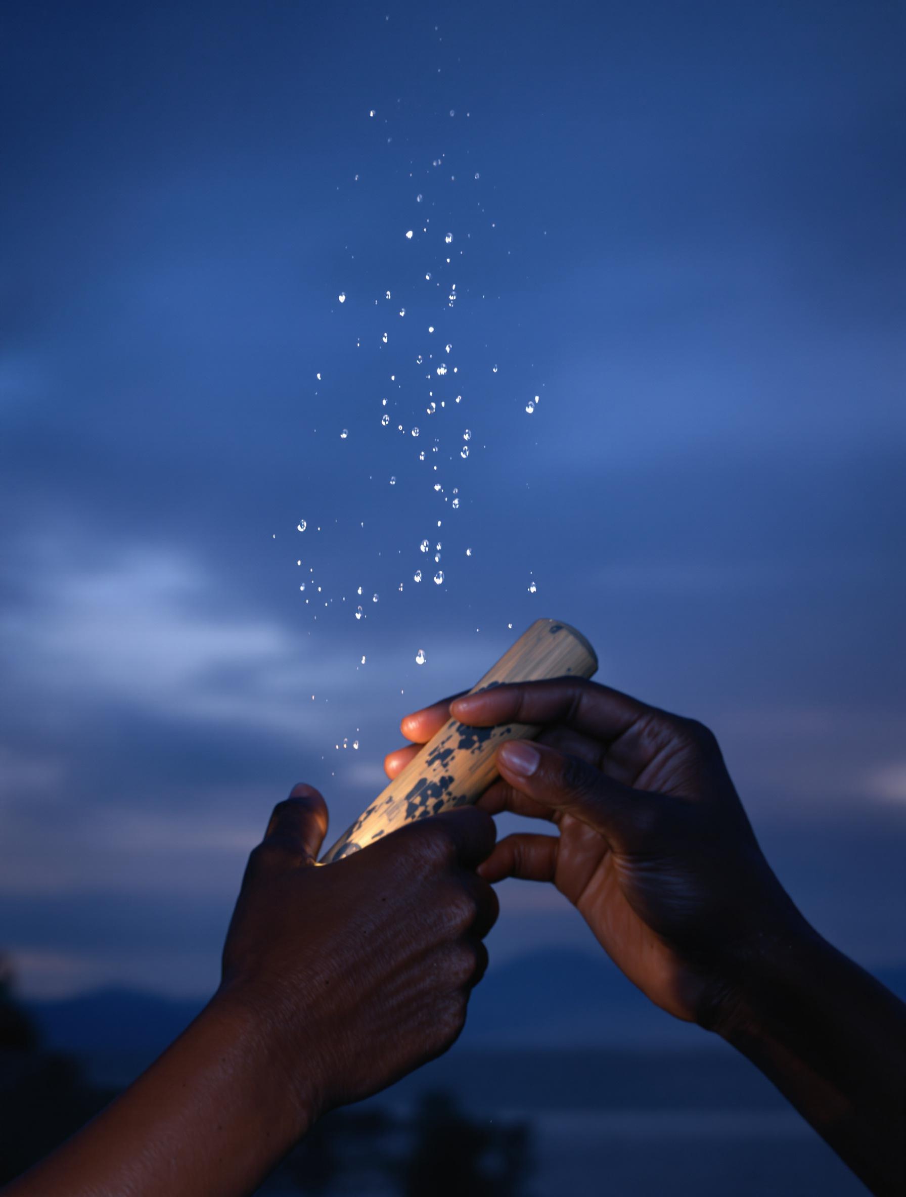 Crépuscule avec des mains tenant un bâton de pluie africain, gouttes en suspension