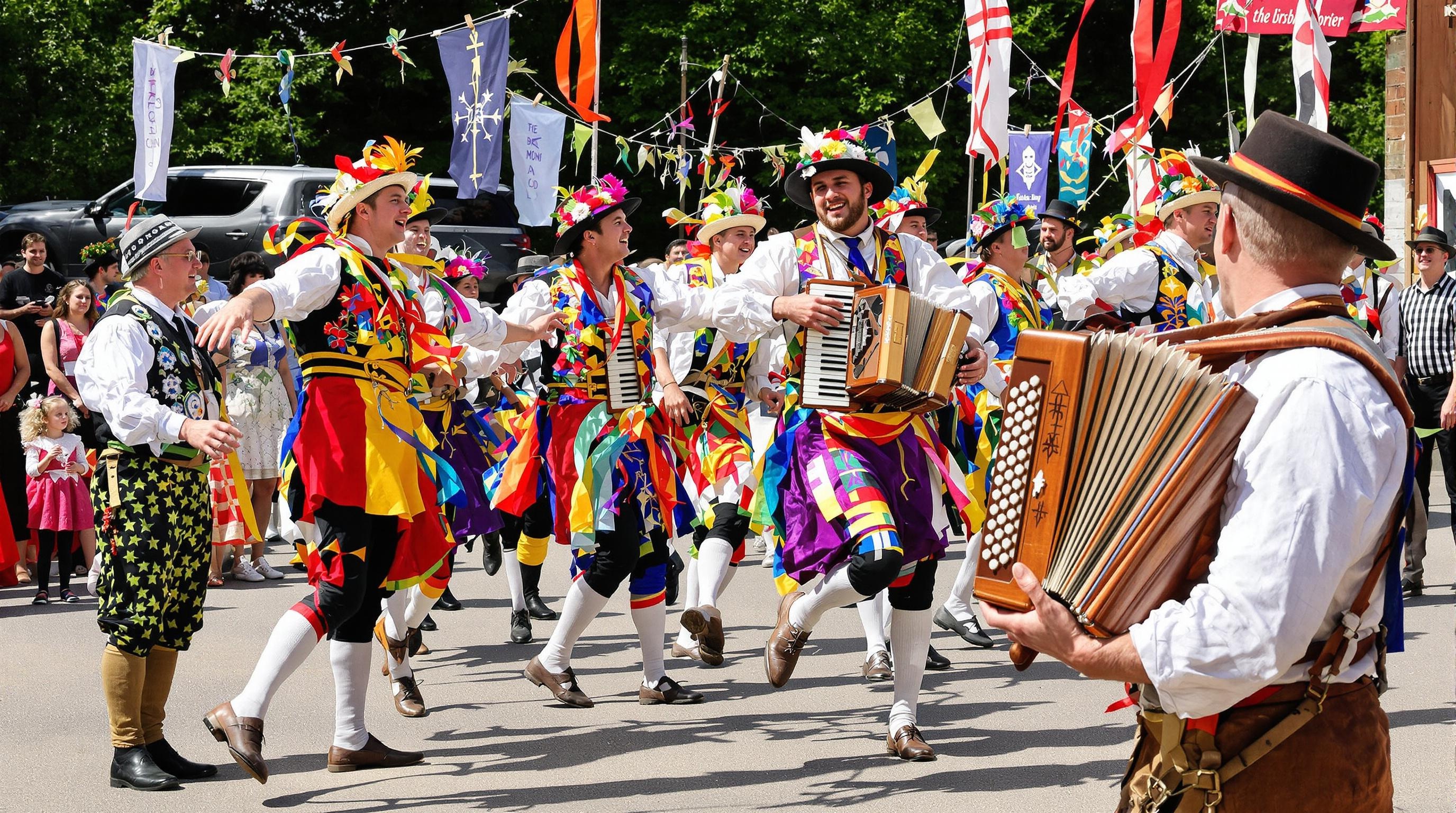 danseurs English Morris accompagnés d'un concertiniste anglo diatonique