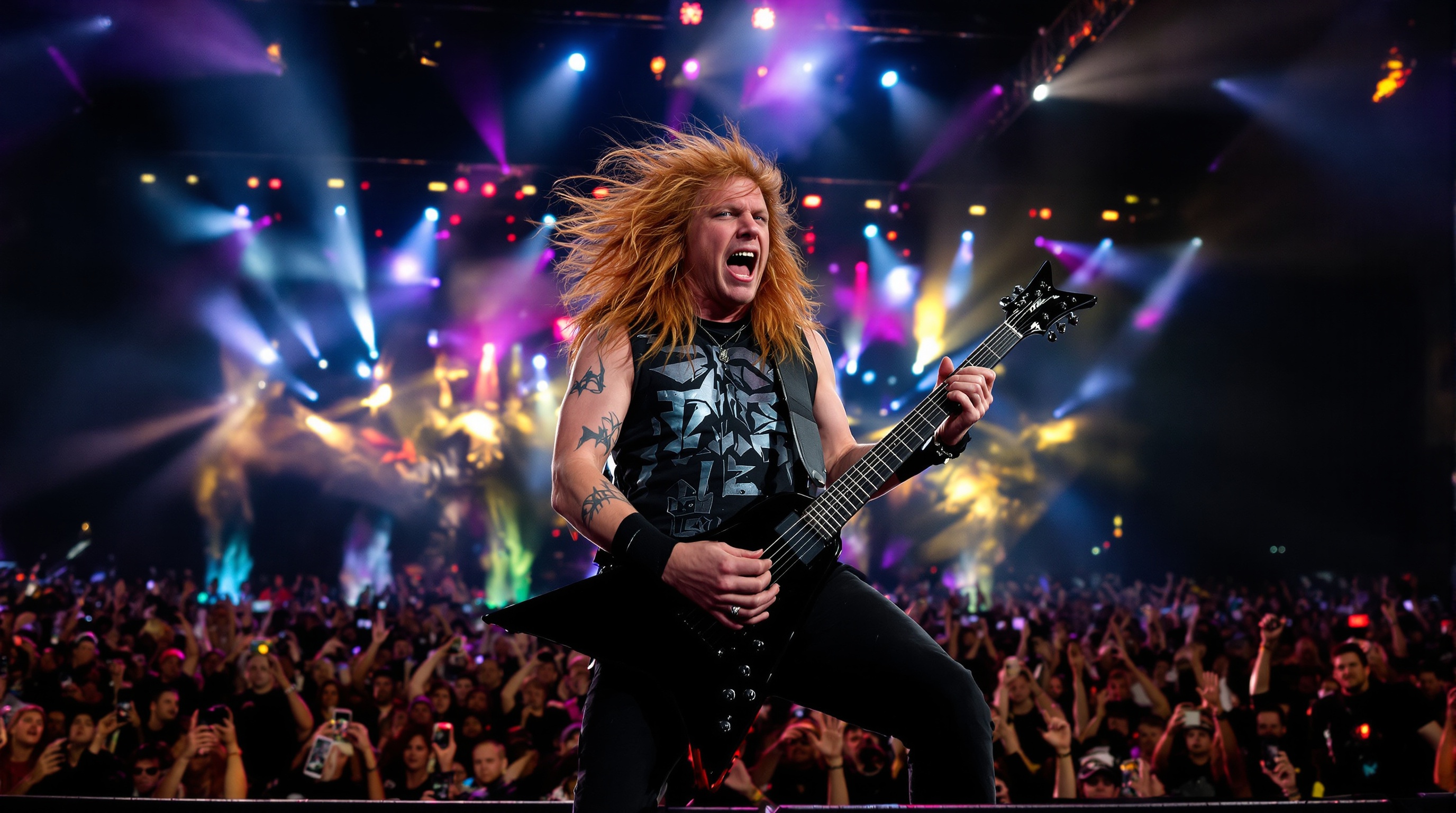 Dave Mustaine en concert, riff virtuose, foule métal en transe.