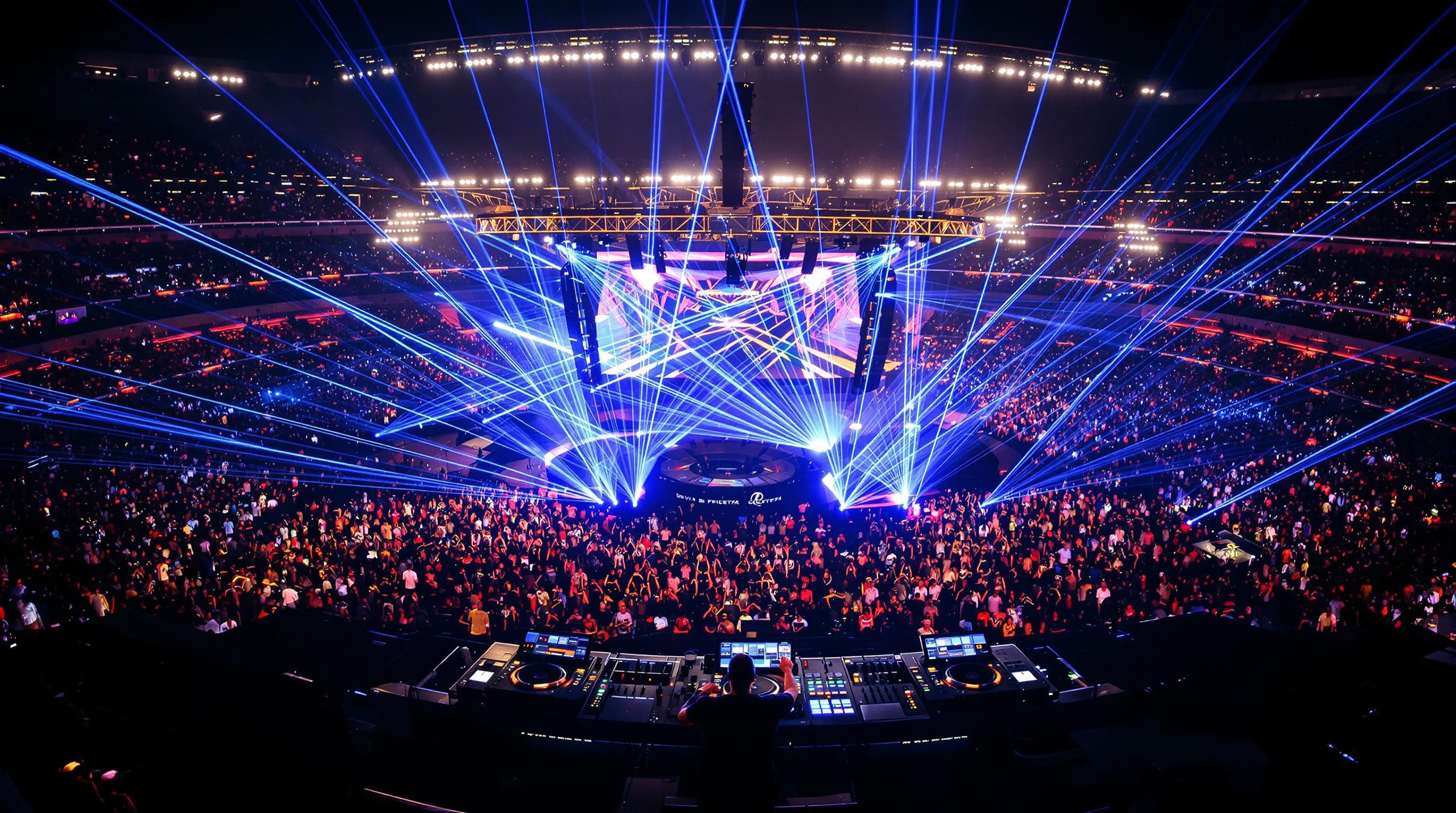 Vue plongeante sur David Guetta aux platines du Stade de France, lasers en nappes bleutées, public en transe