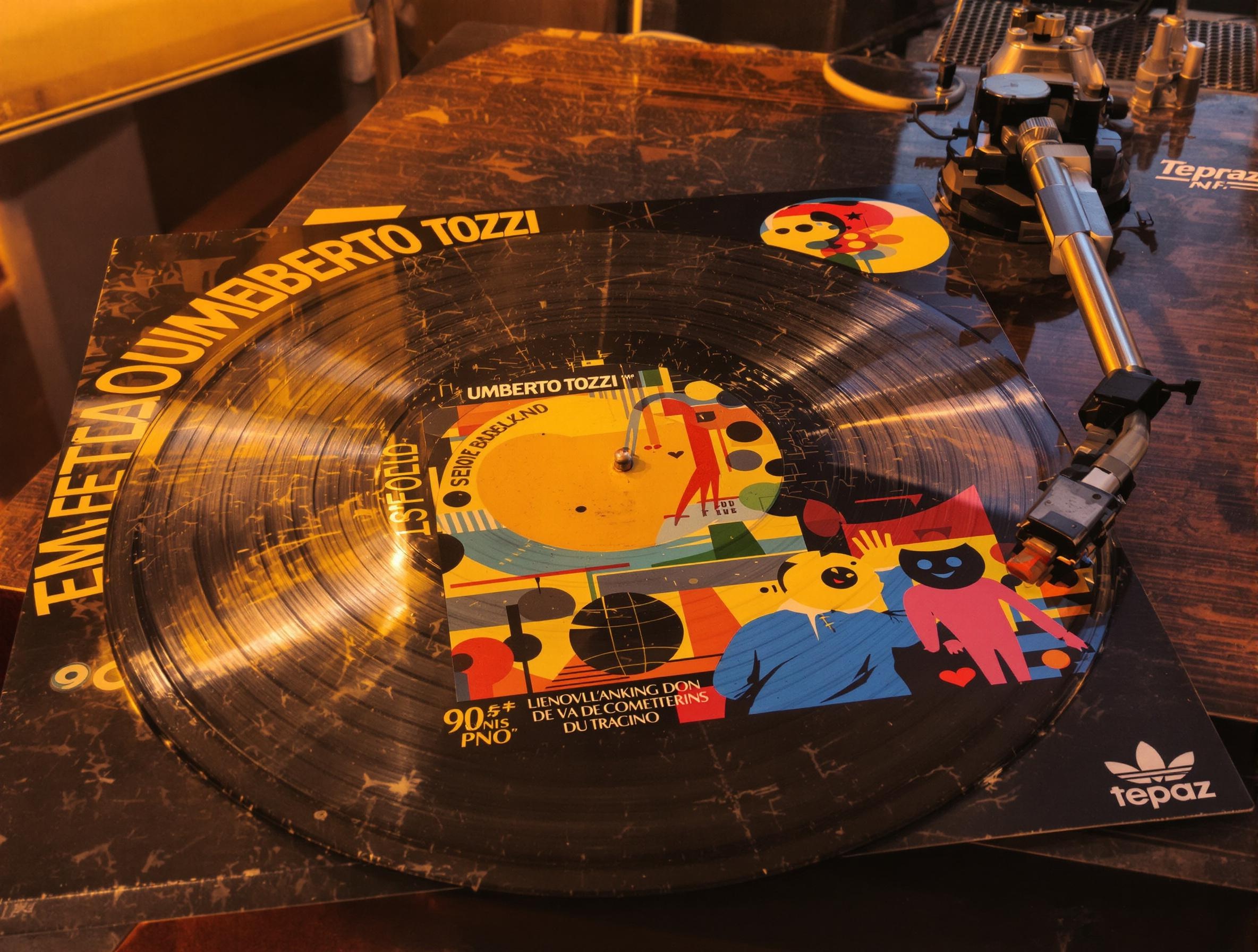 Disque vinyle crissant au centre d’une table en formica, pochette colorée d’Umberto Tozzi visible.