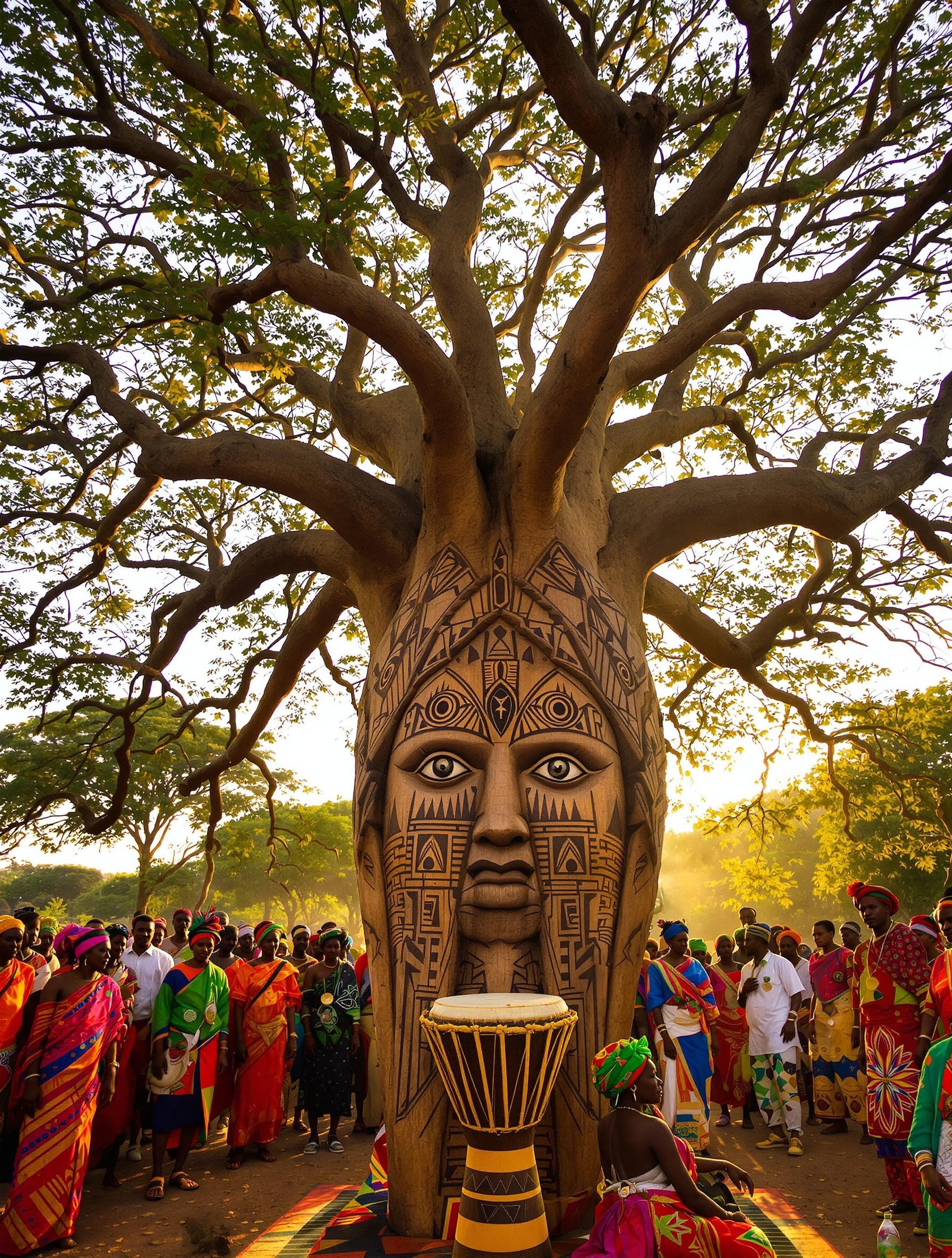 Ancien djembé africain sous un baobab, villageois en cérémonie