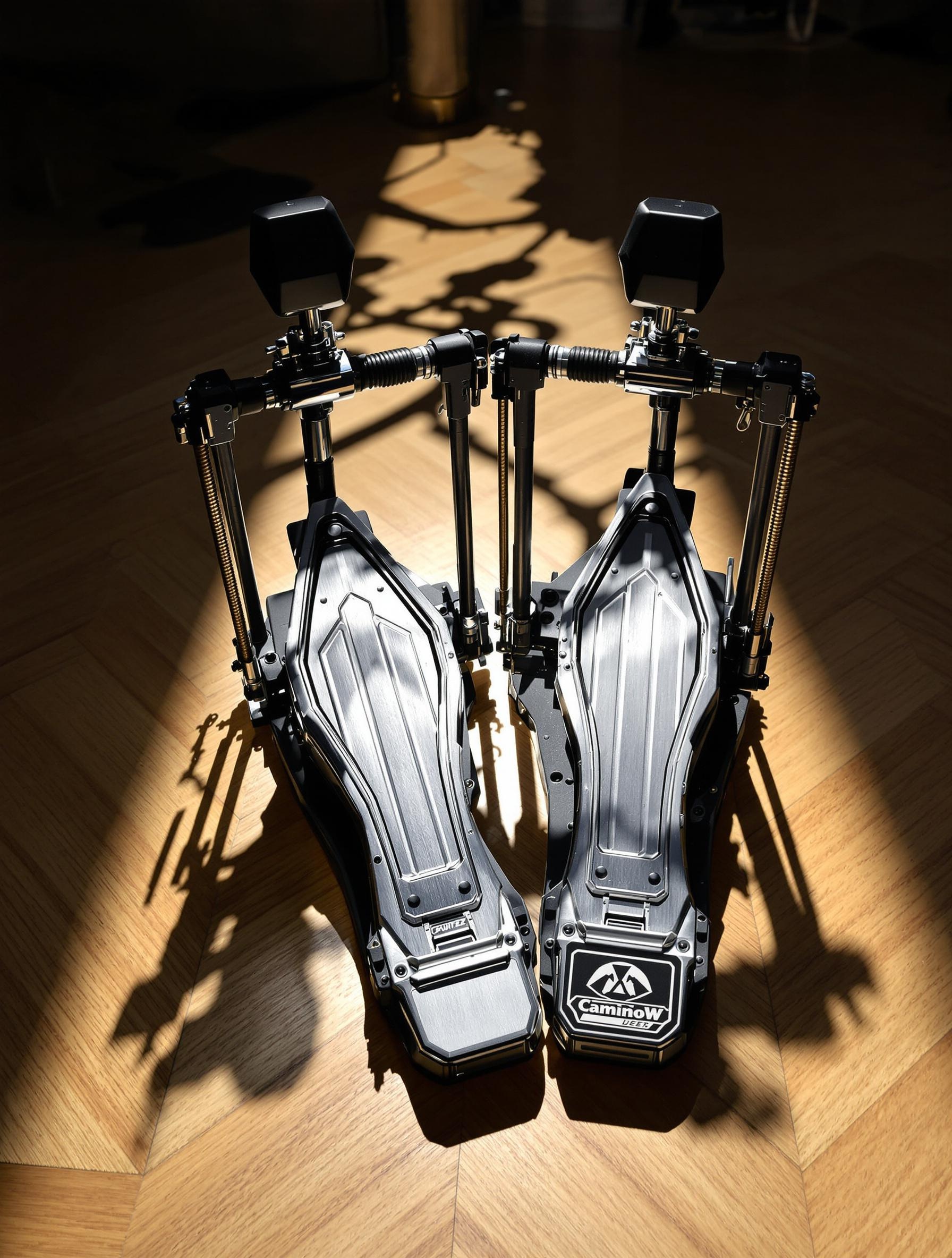 Double pédale installée sur un parquet avec des reflets métalliques