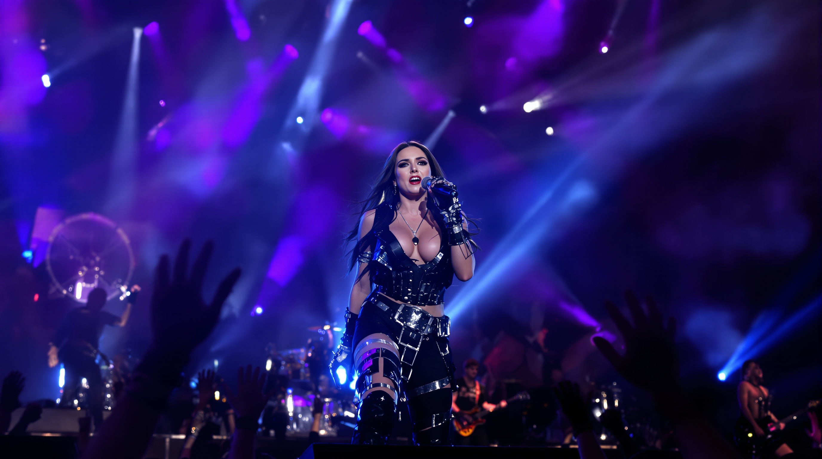 Elize Ryd en pleine performance avec Amaranthe, sa présence scénique vibrante et sa puissance vocale transcendent les frontières du metal mélodique.