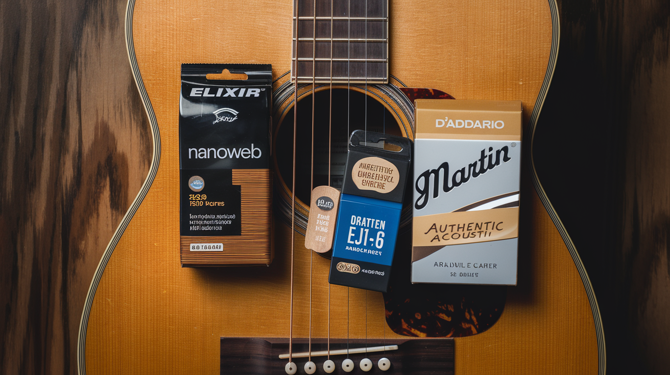 Emballages Elixir Nanoweb, D'Addario EJ16 et Martin Authentic Acoustic sur fond bois