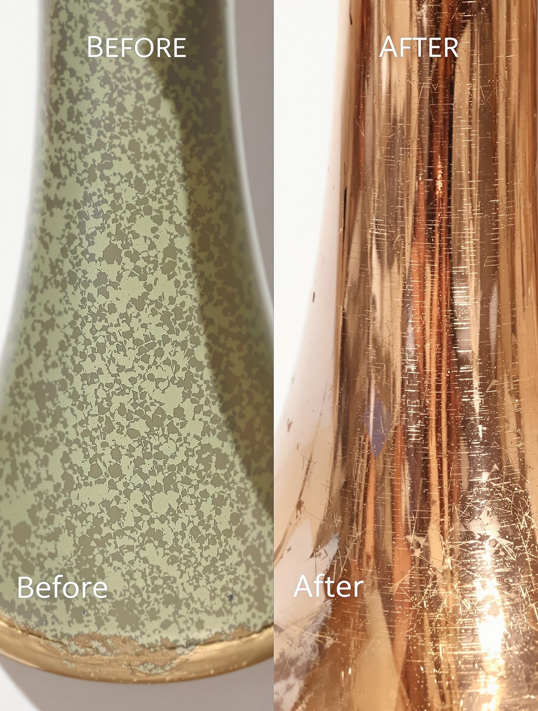 Gros plan sur l'embouchure d'une trompette montrant le vert-de-gris avant et après nettoyage au vinaigre et sel