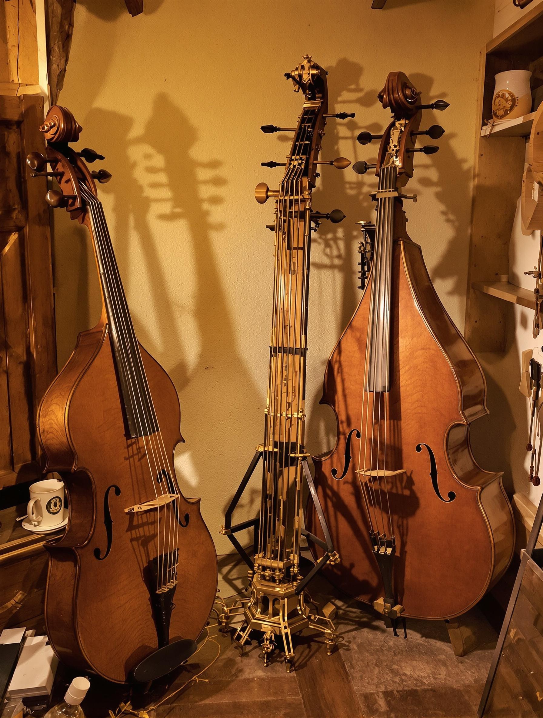 Viole de gambe entourée d’un rebec et d’un crwth sous lumière chaude