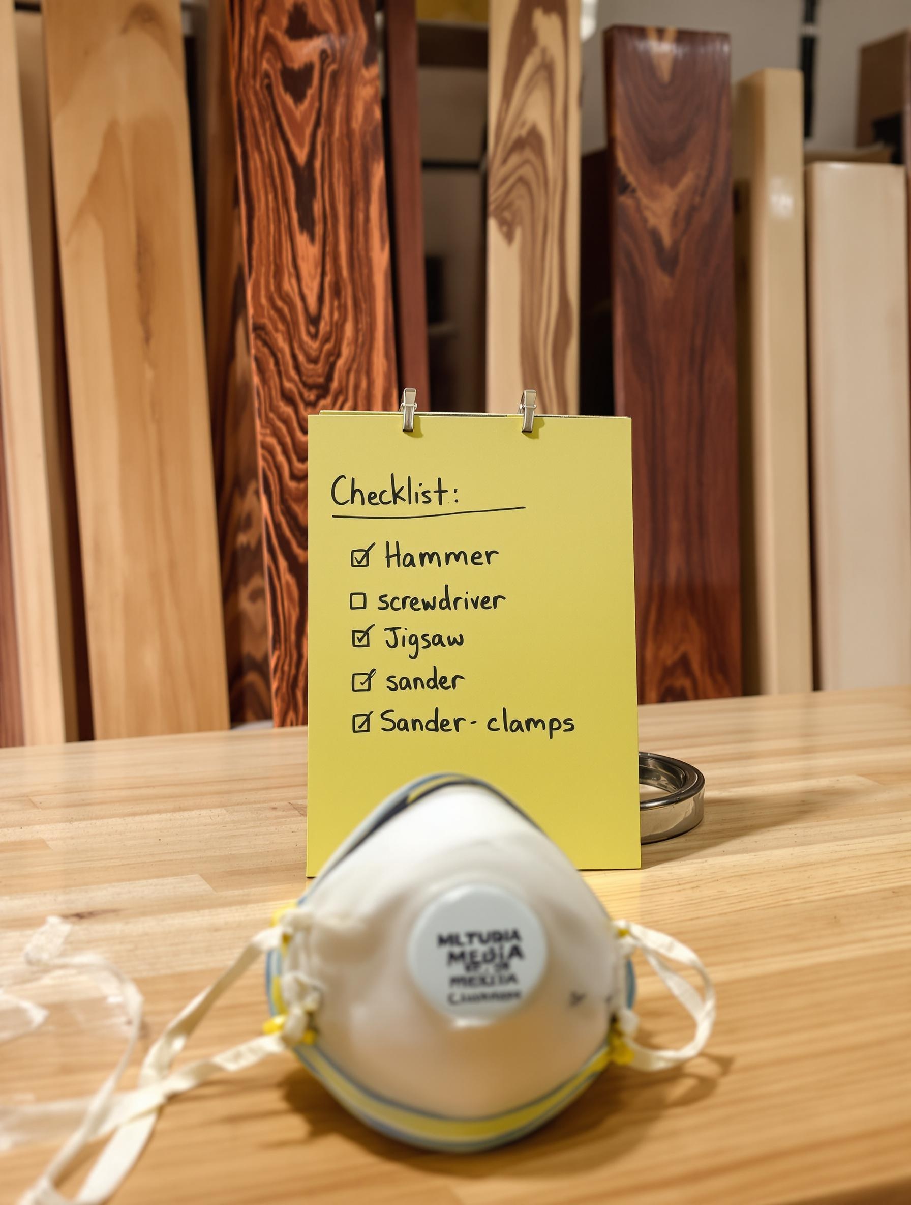 Établi avec checklist d’outillage DIY pour la fabrication d’un cajón et masque anti-poussière.