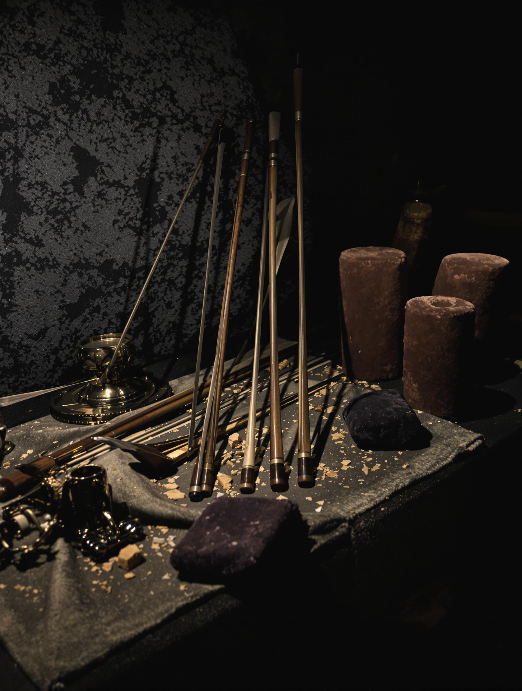 Accessoires essentiels : archets anciens dispersés sur fond sombre, colophane fragmentée, épaulières de velours