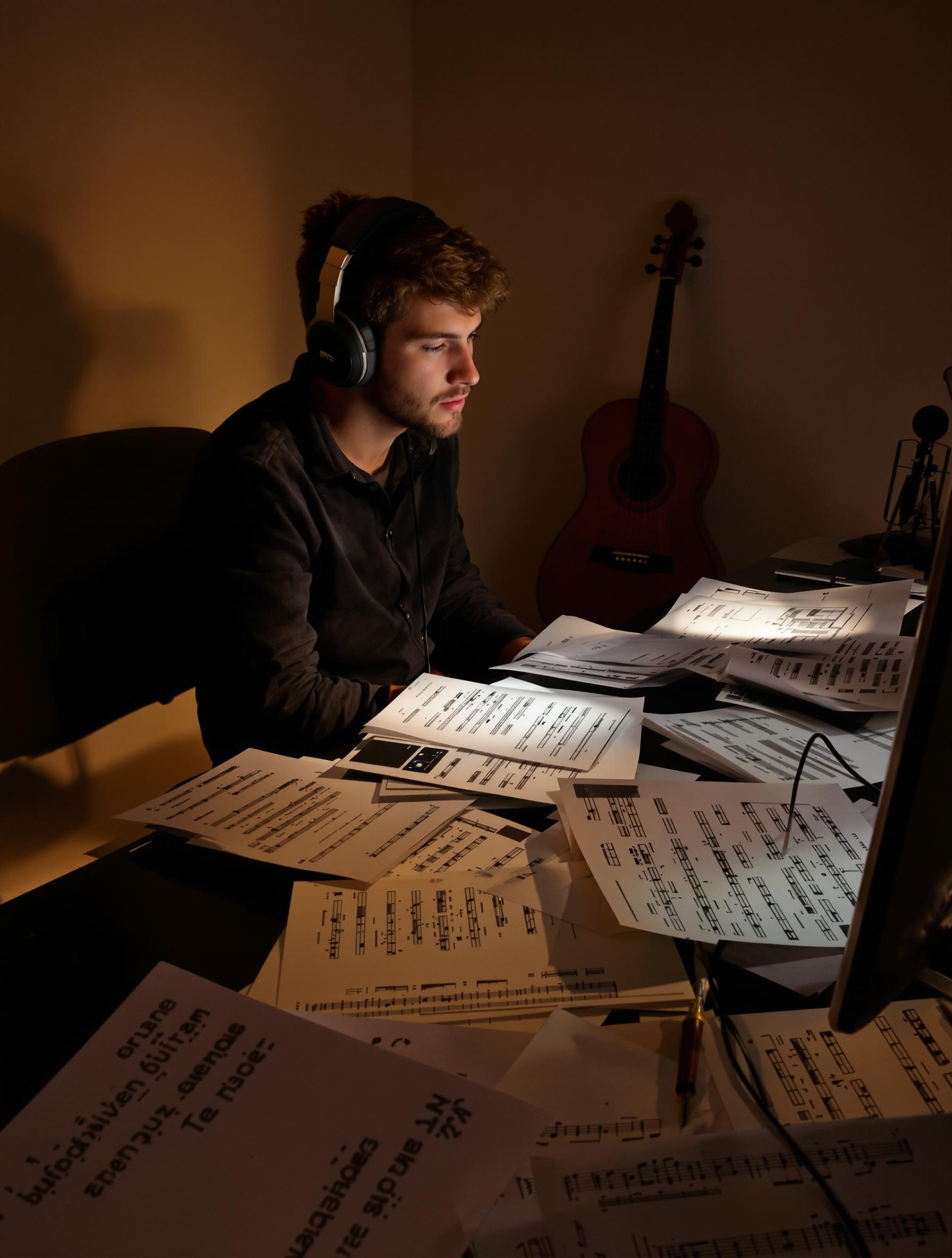 Étudiant arrangeur en studio, partitions et instruments traditionnels