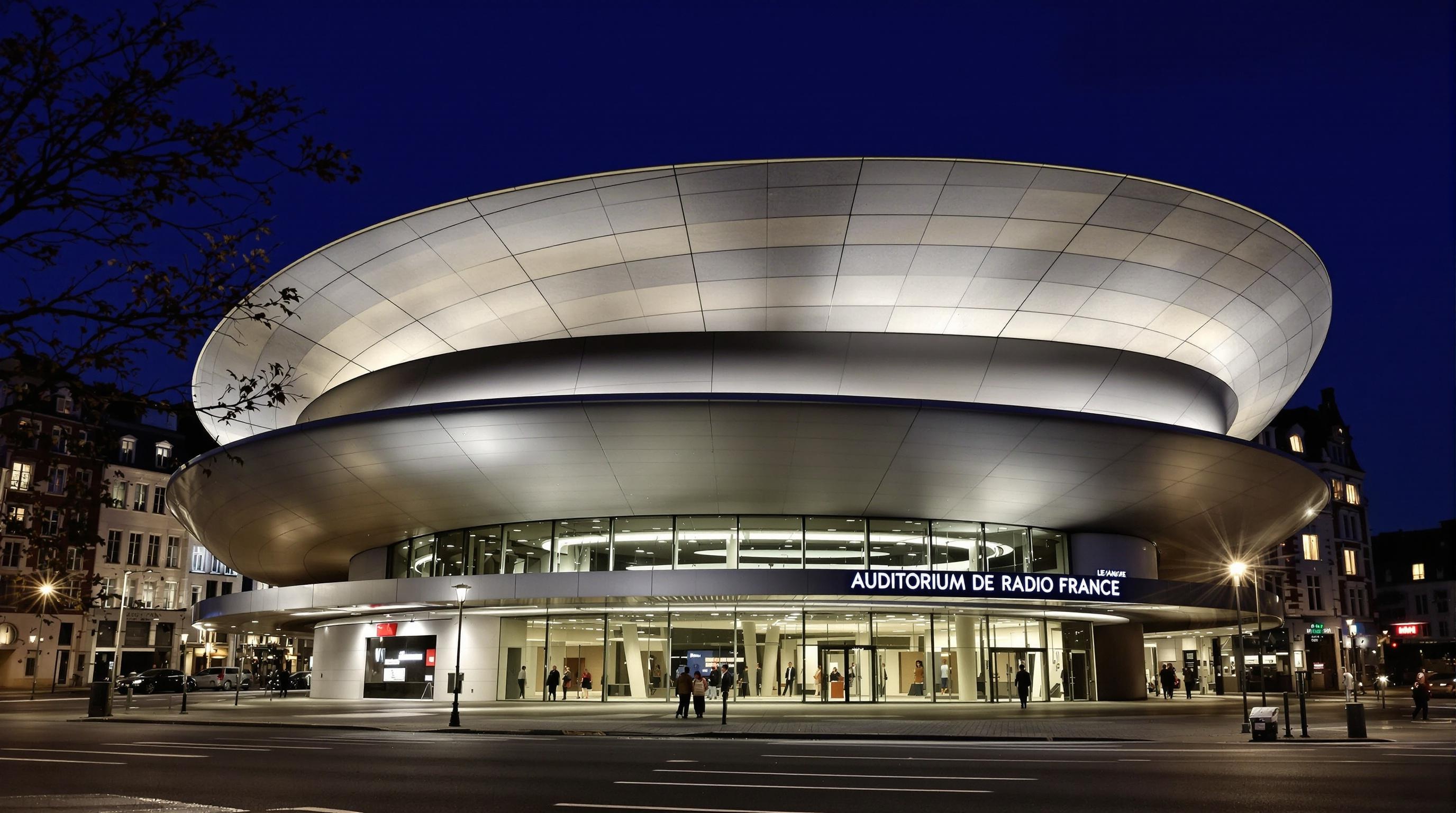 Façade nocturne de l’Auditorium de Radio France, architecture acoustique soulignée par la lumière.