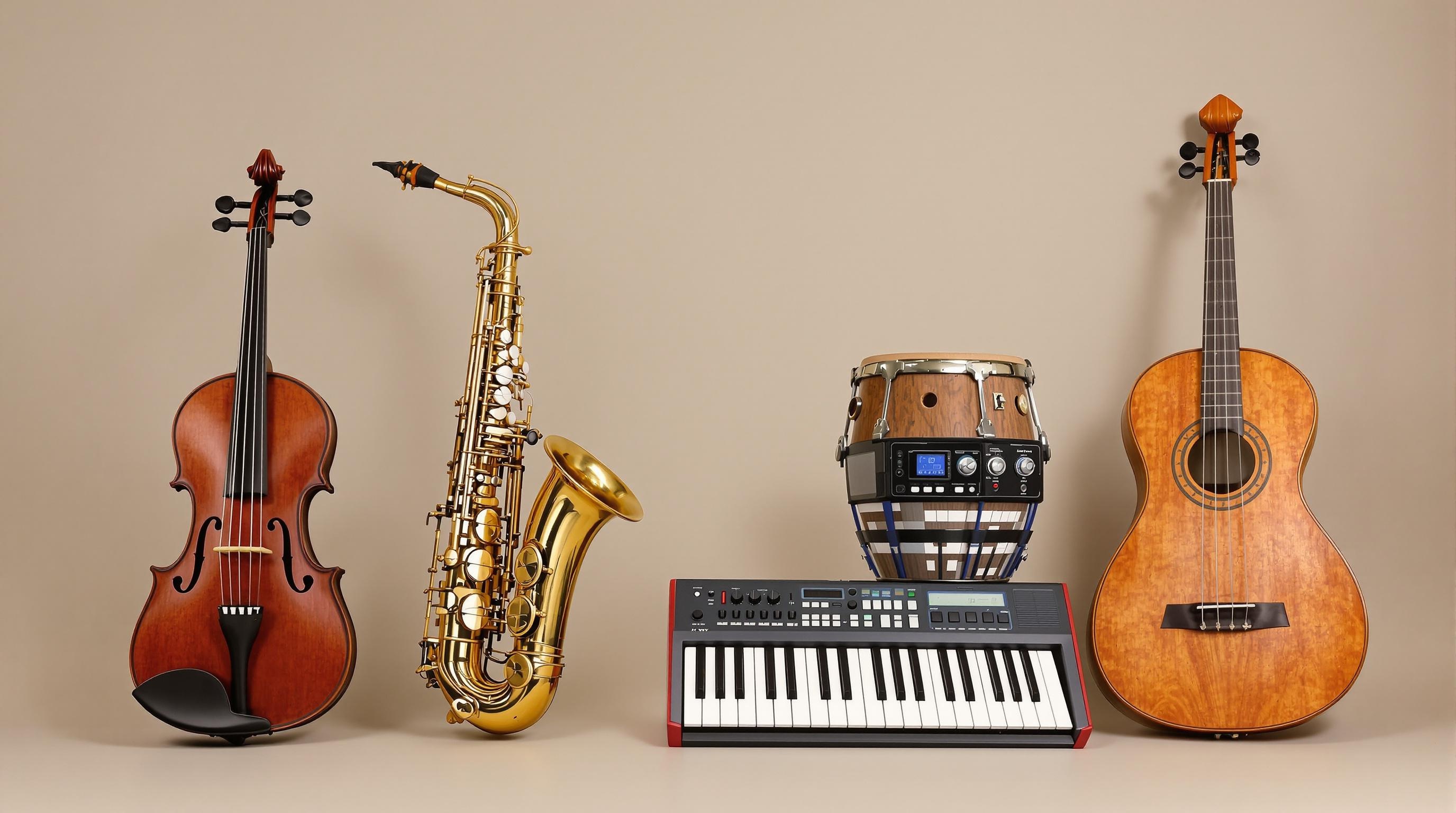 Quatre familles d'instruments : violon, kora, saxophone, cajón et synthétiseur compact.