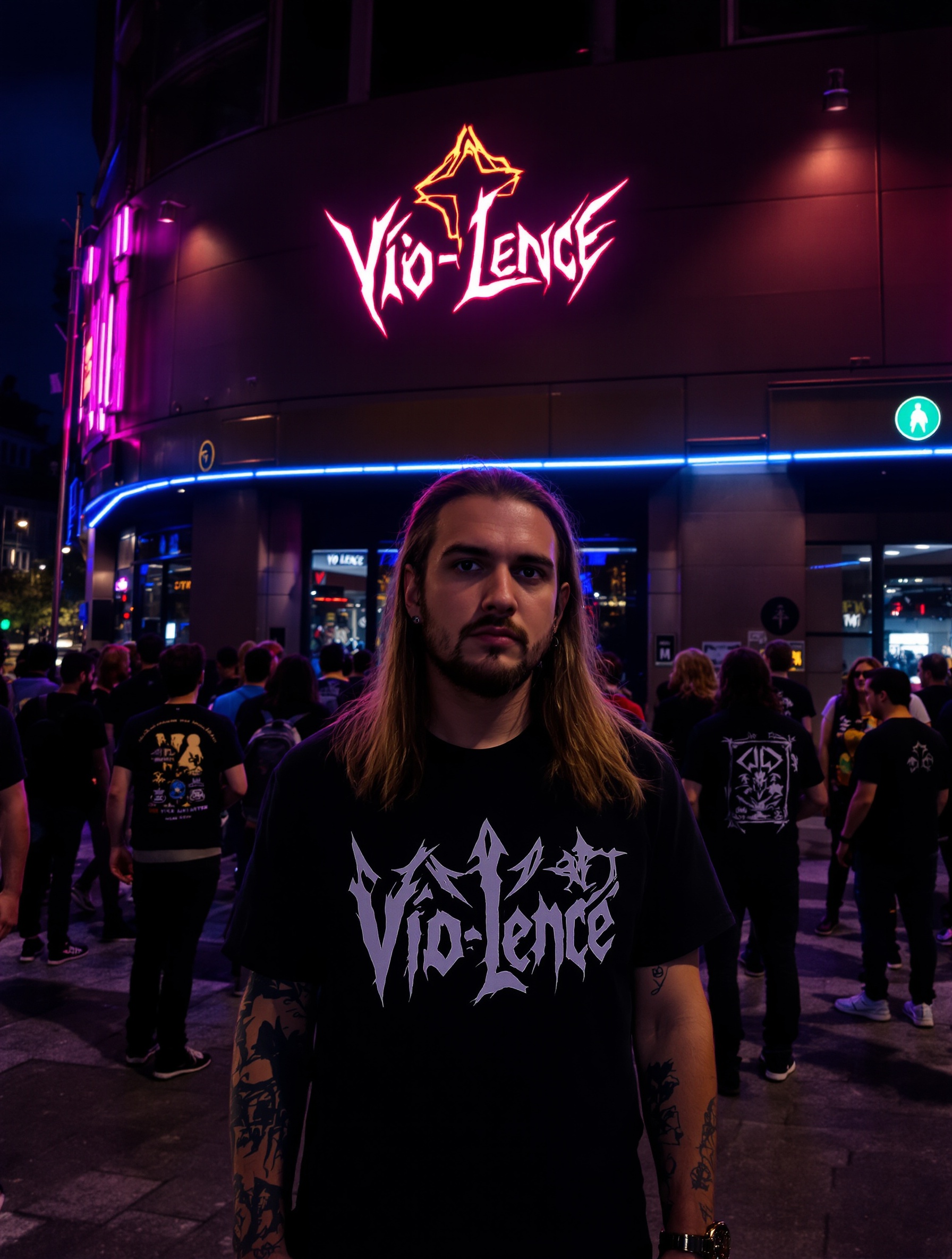Fan thrash metal attendant devant une salle avec t-shirt Vio-Lence
