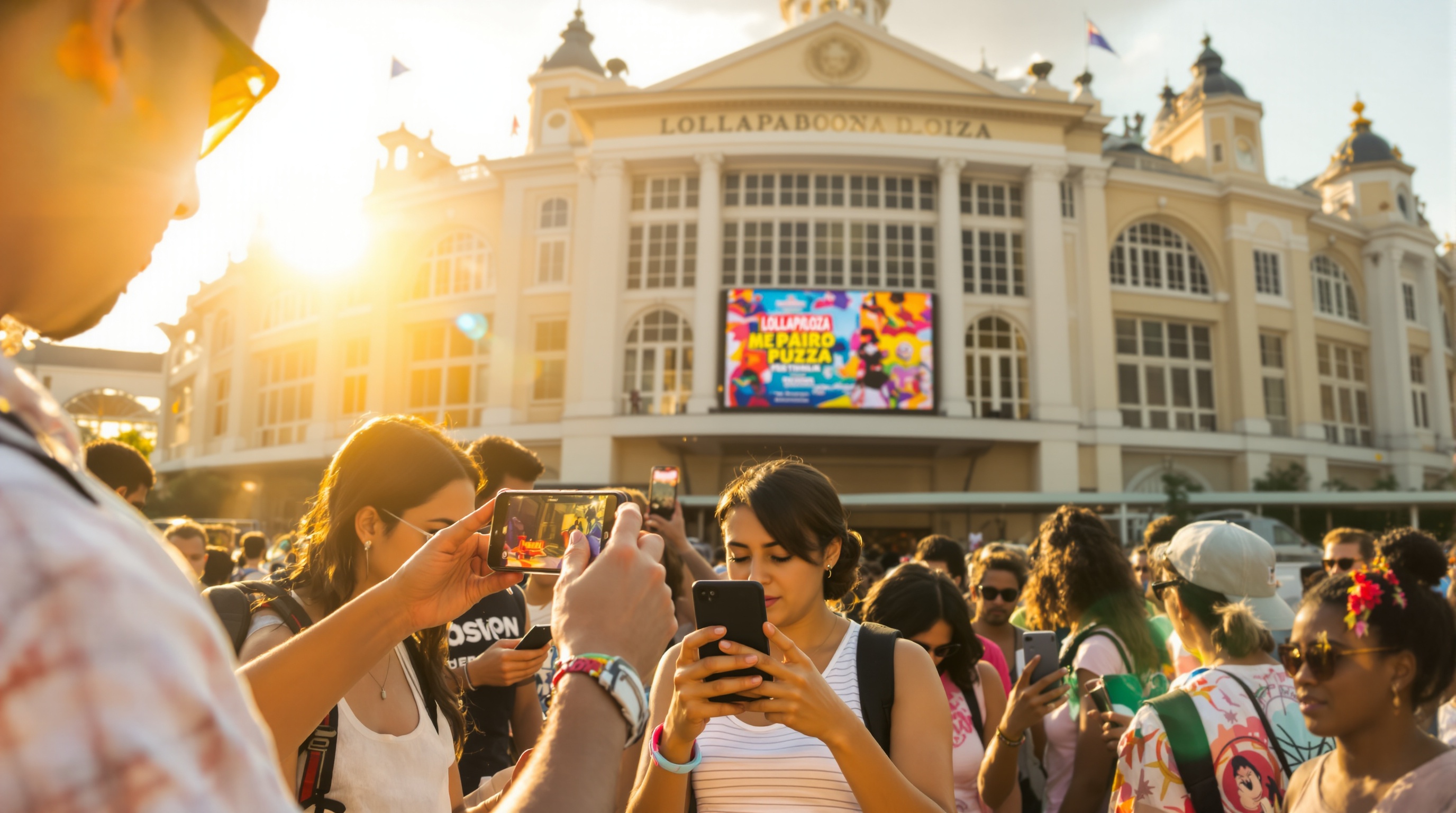 Festivaliers consultant leur smartphone devant Hippodrome ParisLongchamp attente billets Lollapalooza.