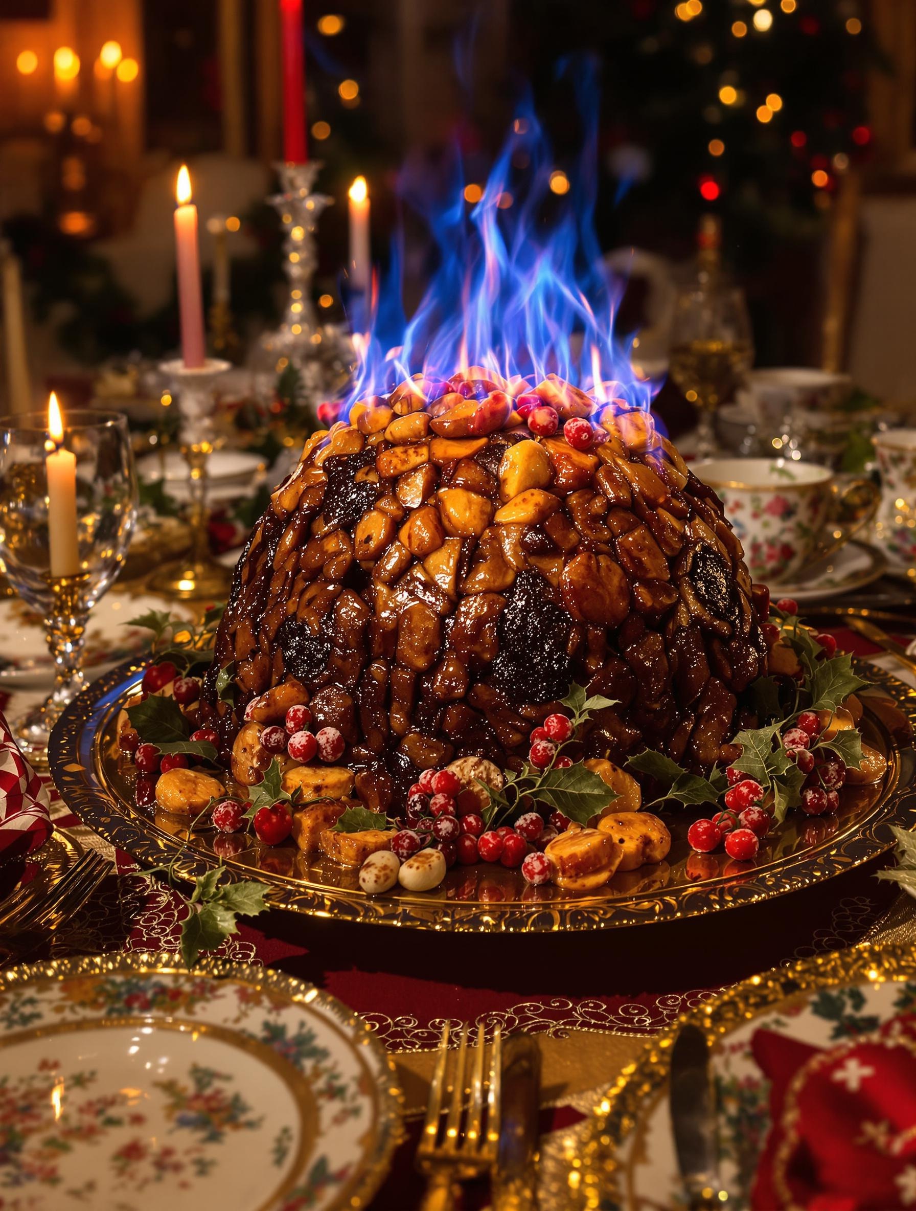 Figgy pudding flambé au brandy, décoré de fruits secs.