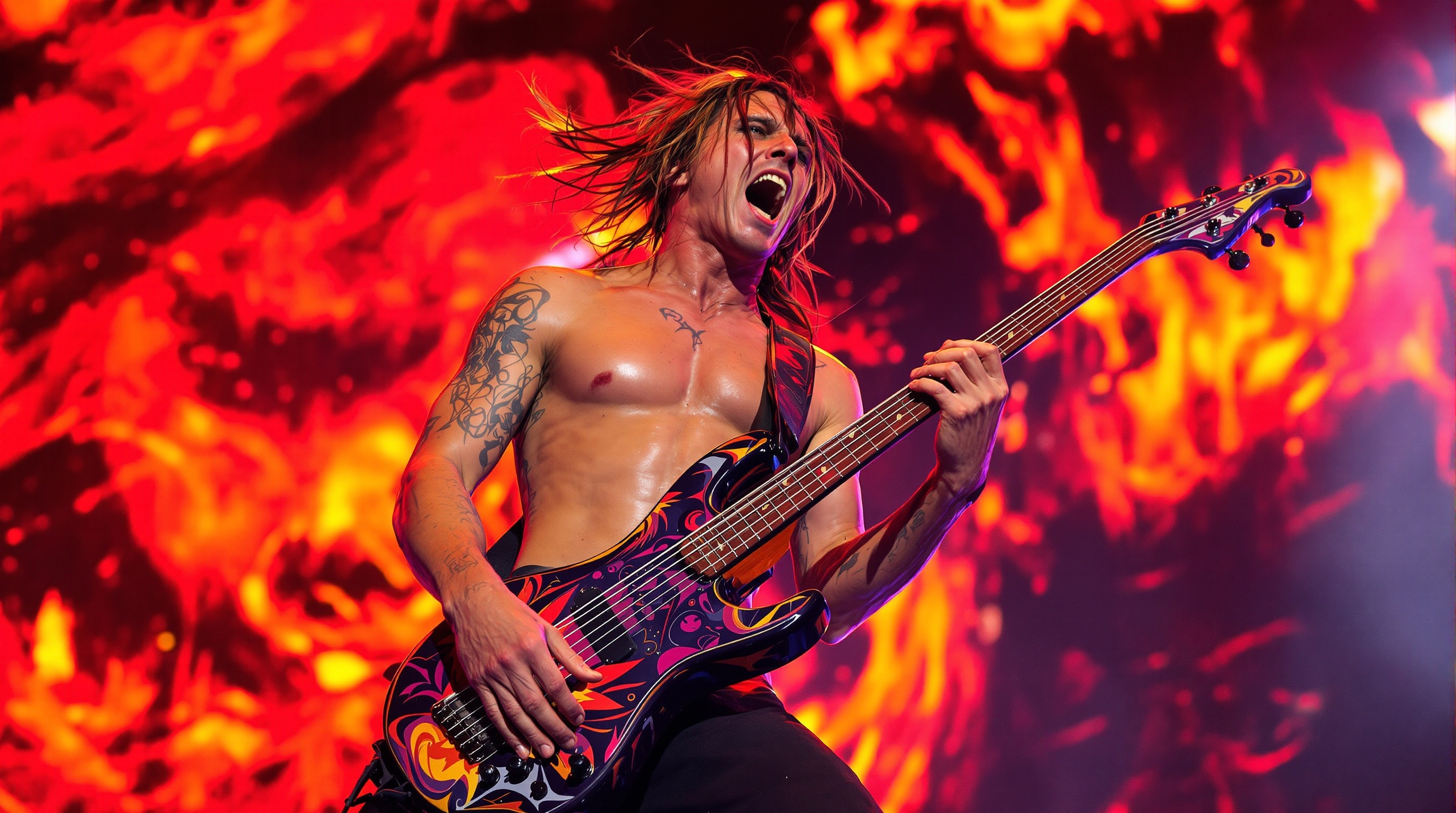 Flea en pleine performance avec sa basse emblématique