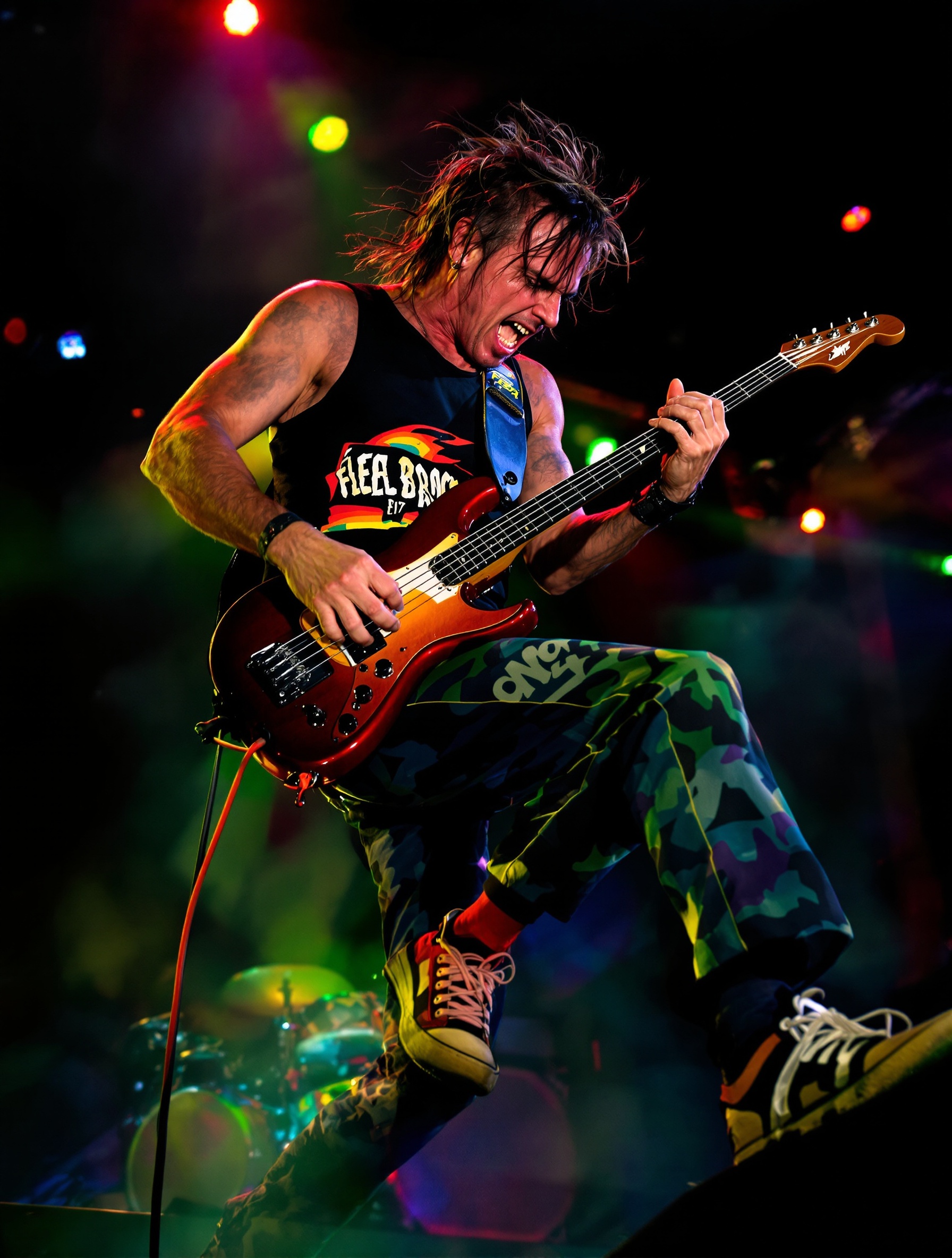 Portrait survolté de Flea, bassiste charismatique, style années 80