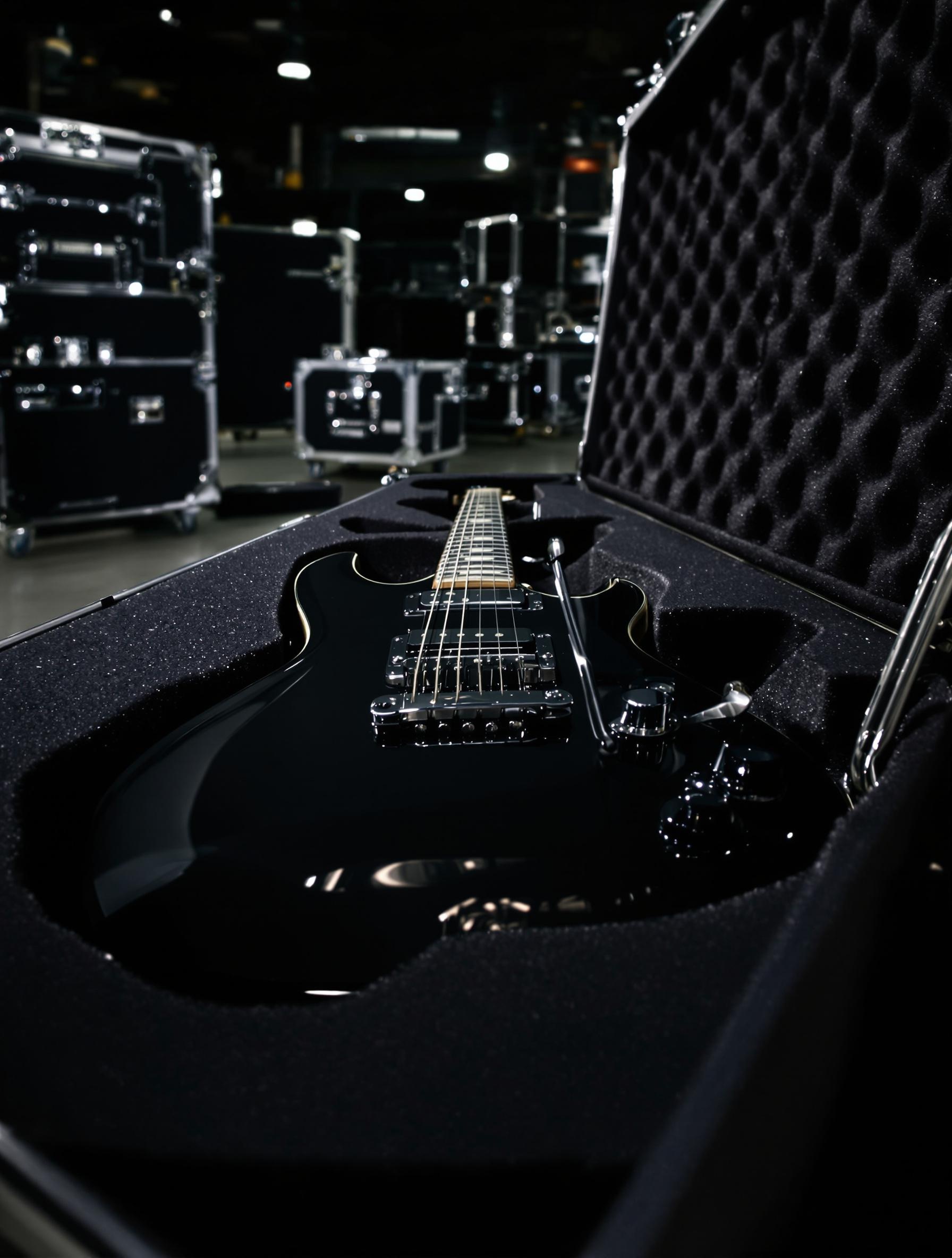 Flight-case ouvert montrant une guitare électrique bien calée dans de la mousse noire.