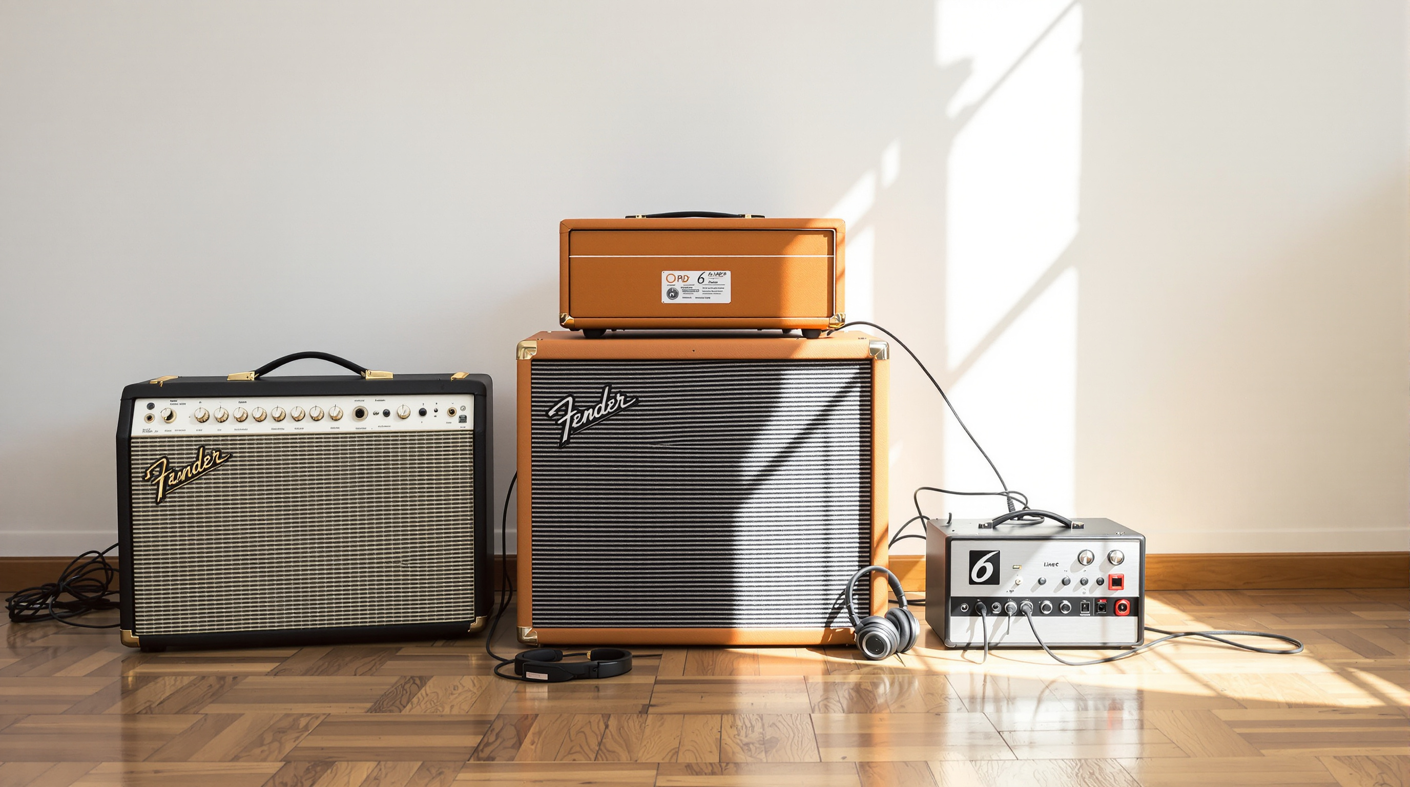 Trois formats d'amplificateurs guitare côte à côte sur un parquet : combo type Fender, tête Orange sur baffle, et préampli/simulateur avec casque.