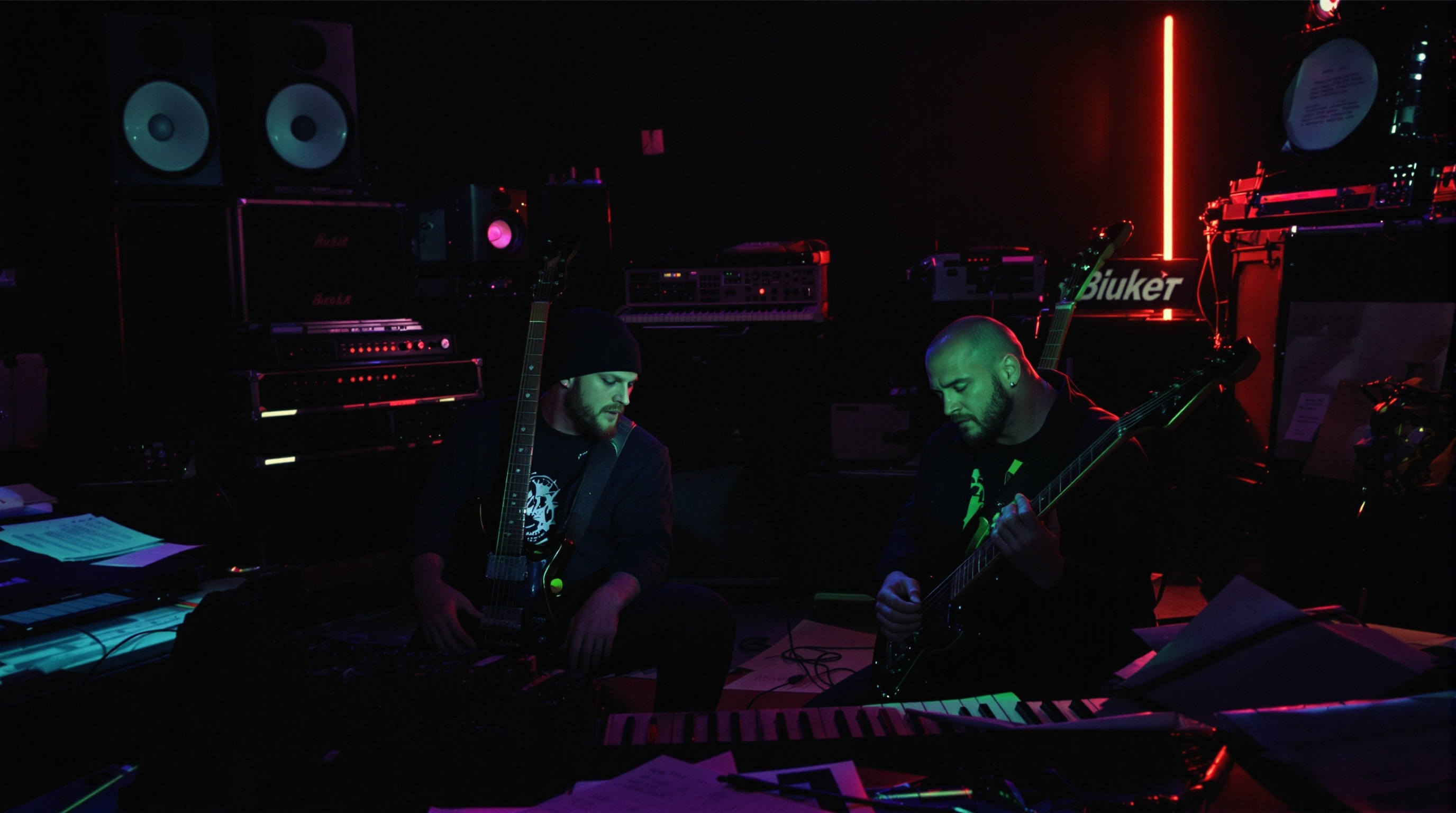 Studio tendu Limp Bizkit fin 90s. Fred Durst et Wes Borland évitent leurs regards, ambiance divergente.