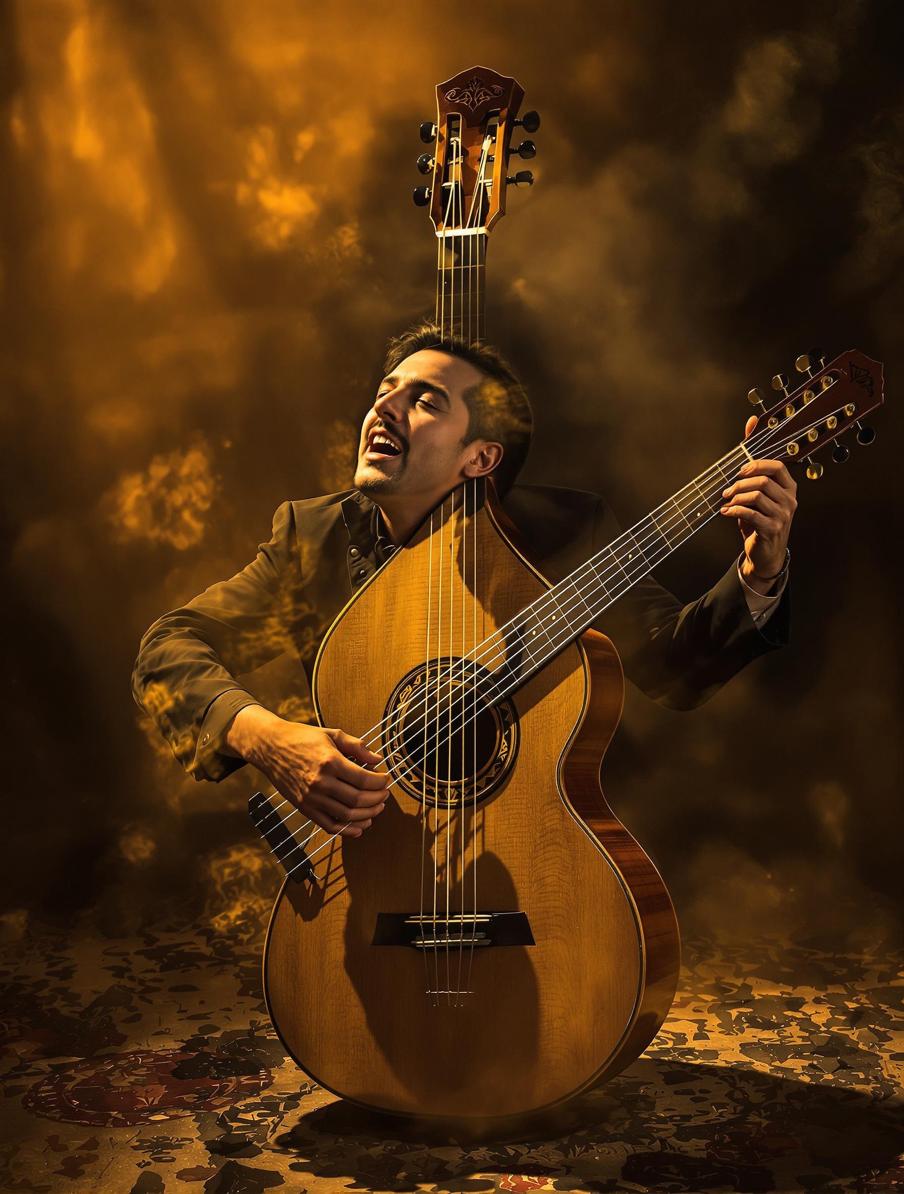 Fusion entre guitare flamenca, oud et cantaor andalou dans un tablao poussiéreux.