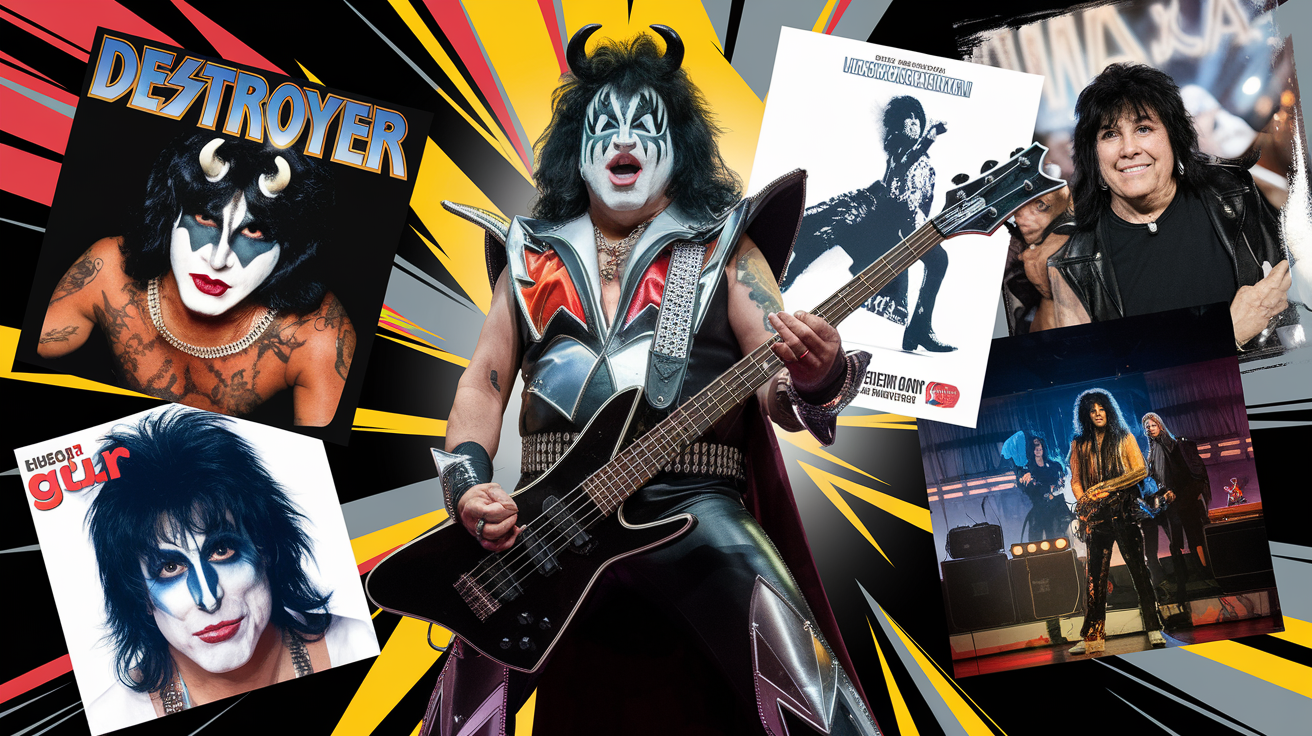 Collage dynamique de Gene Simmons sur scène avec sa basse KISS, entouré d’albums cultes (Destroyer, Love Gun), affiche de Runaway et plateau de télé-réalité