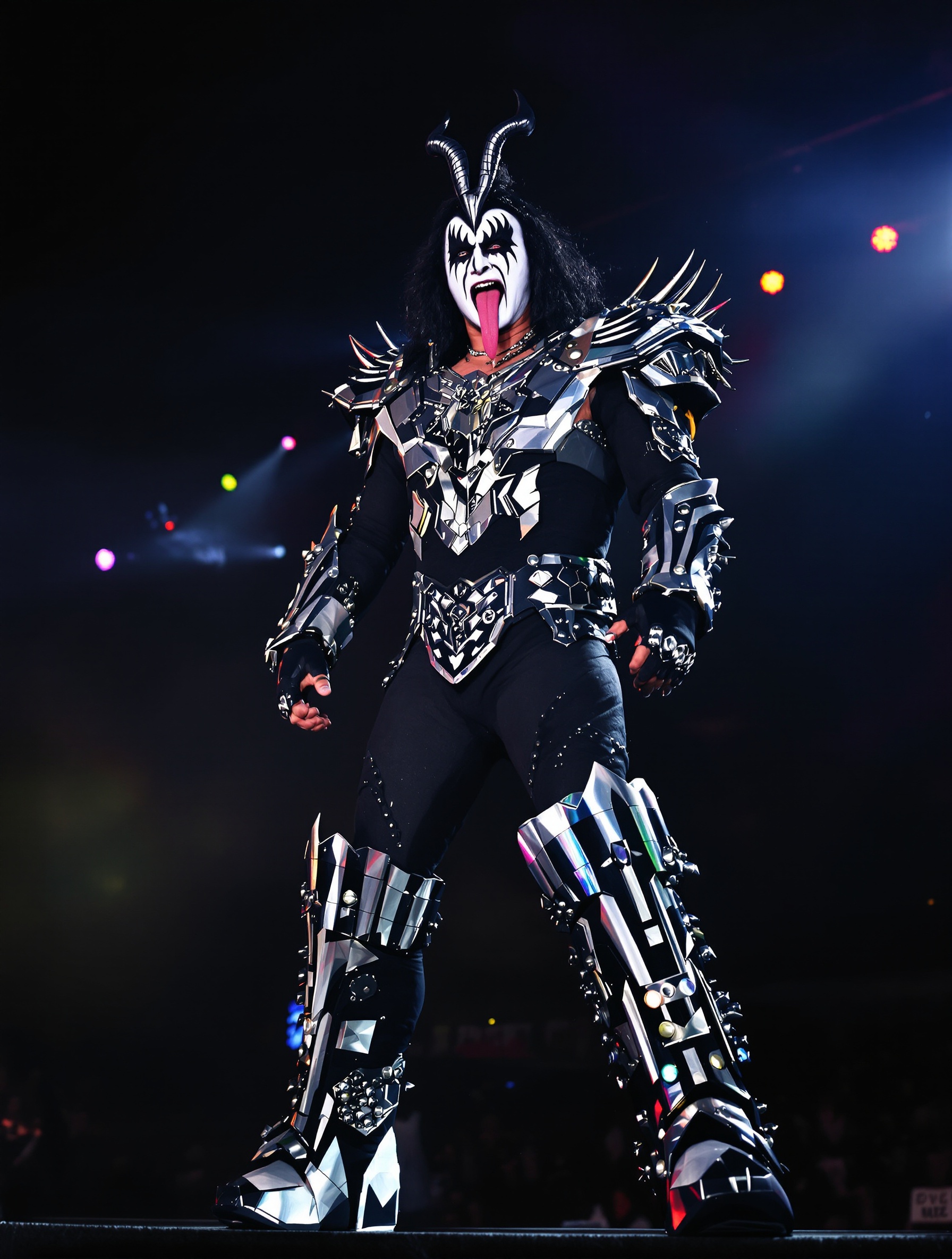 Gene Simmons dans son costume de Démon emblématique, le visage entièrement maquillé, prêt à enflammer la scène avec sa langue protubérante et ses cornes distinctives