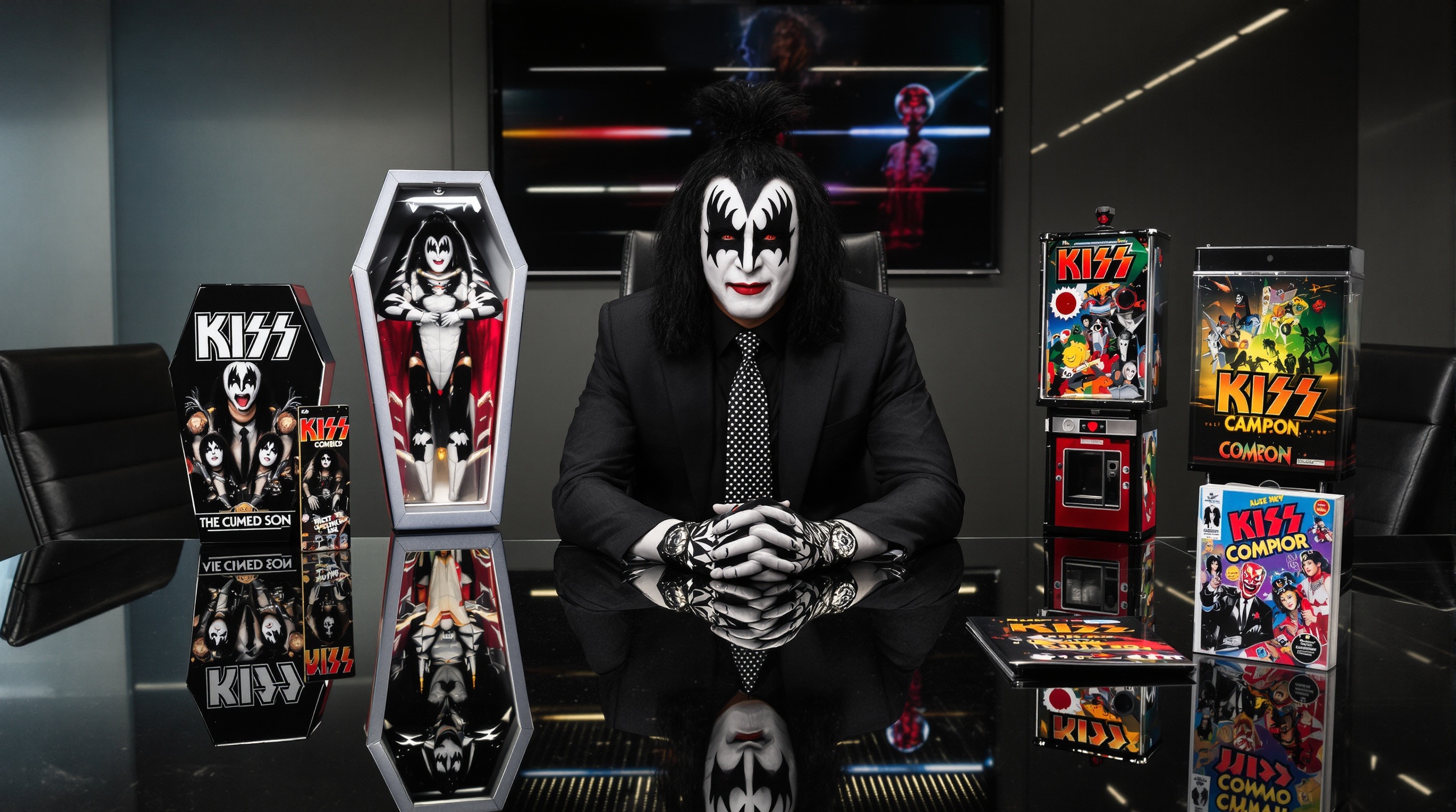 Gene Simmons assis à une grande table de réunion, en costume-cravate mais maquillé façon Démon, entouré de prototypes de produits dérivés Kiss (cercueil, flipper, bande dessinée, distributeur de bonbons), ambiance entrepreneuriale et excentrique