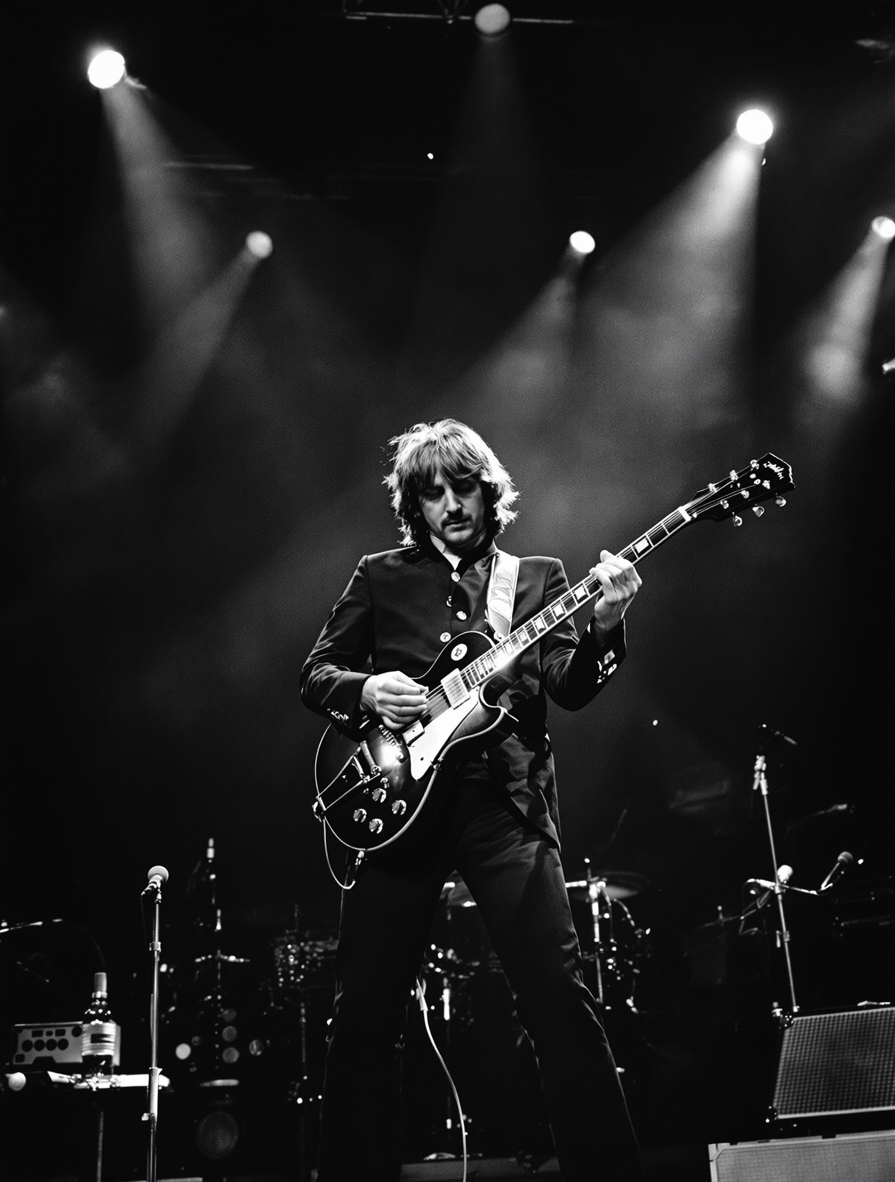 George Harrison sur scène avec The Beatles jouant une chanson culte ; lumière intense sur lui et public captivé — statut iconique.
