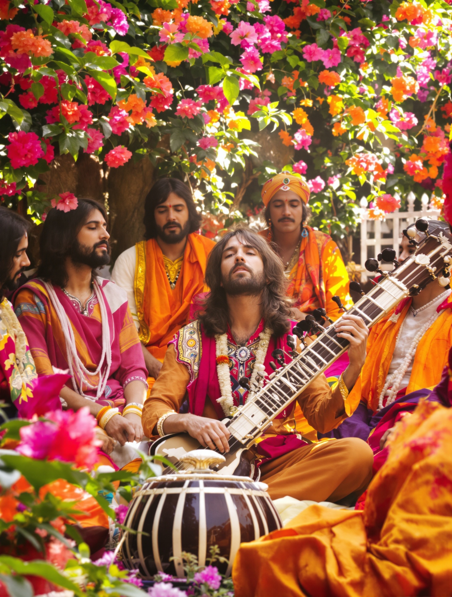 George Harrison entouré de membres du mouvement Hare Krishna, en train de jouer du sitar ou chantant un mantra