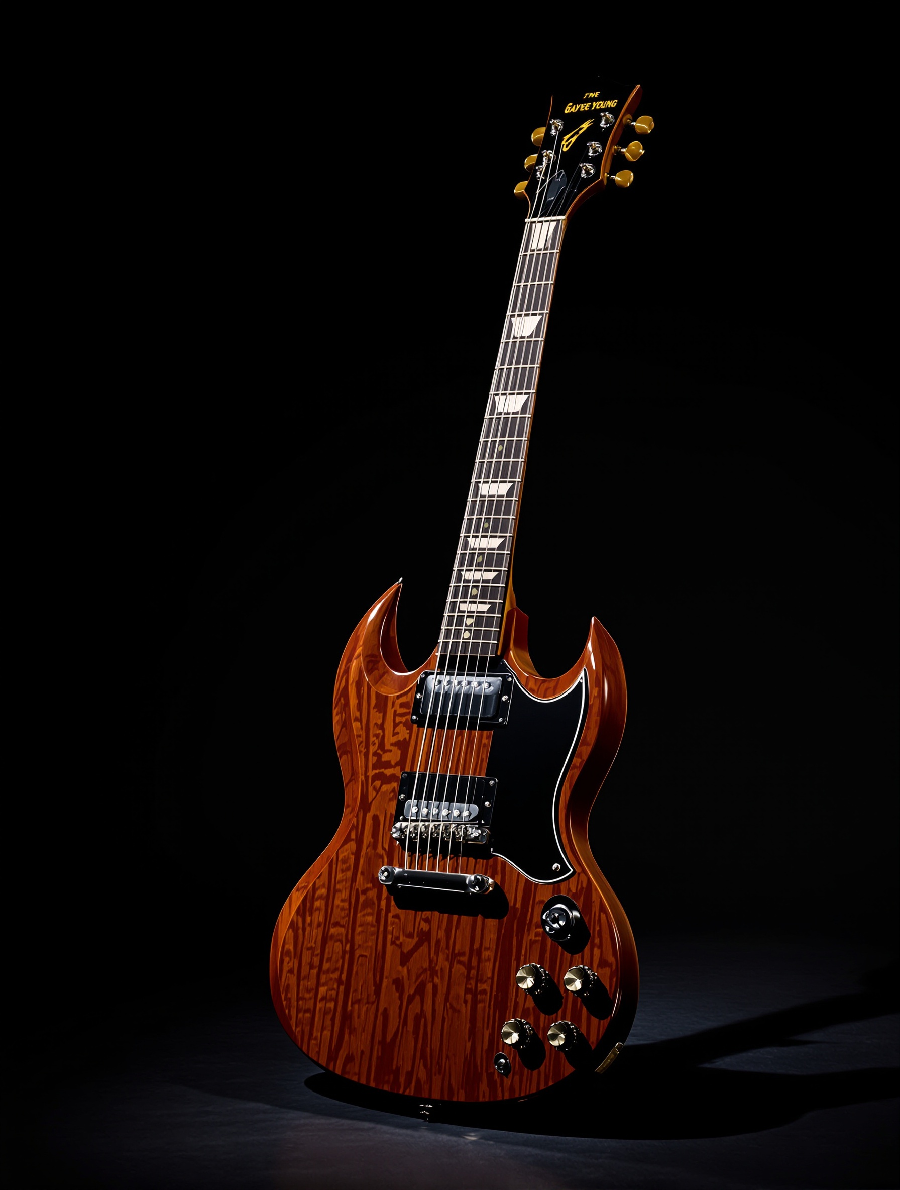 Photographie de la Gibson SG 'Jaydee' d'Angus Young, modèle emblématique aux contours personnalisés, illustrant l'origine de sa relation avec la SG.