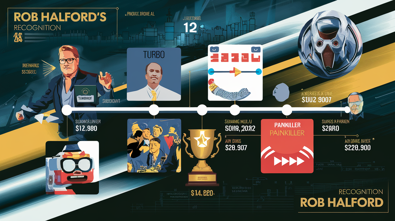 Graphique chronologique stylisé représentant l'évolution de la reconnaissance et du succès financier de Rob Halford, illustré par des pochettes d'albums comme 'Turbo', 'Painkiller', et des trophées symboliques.