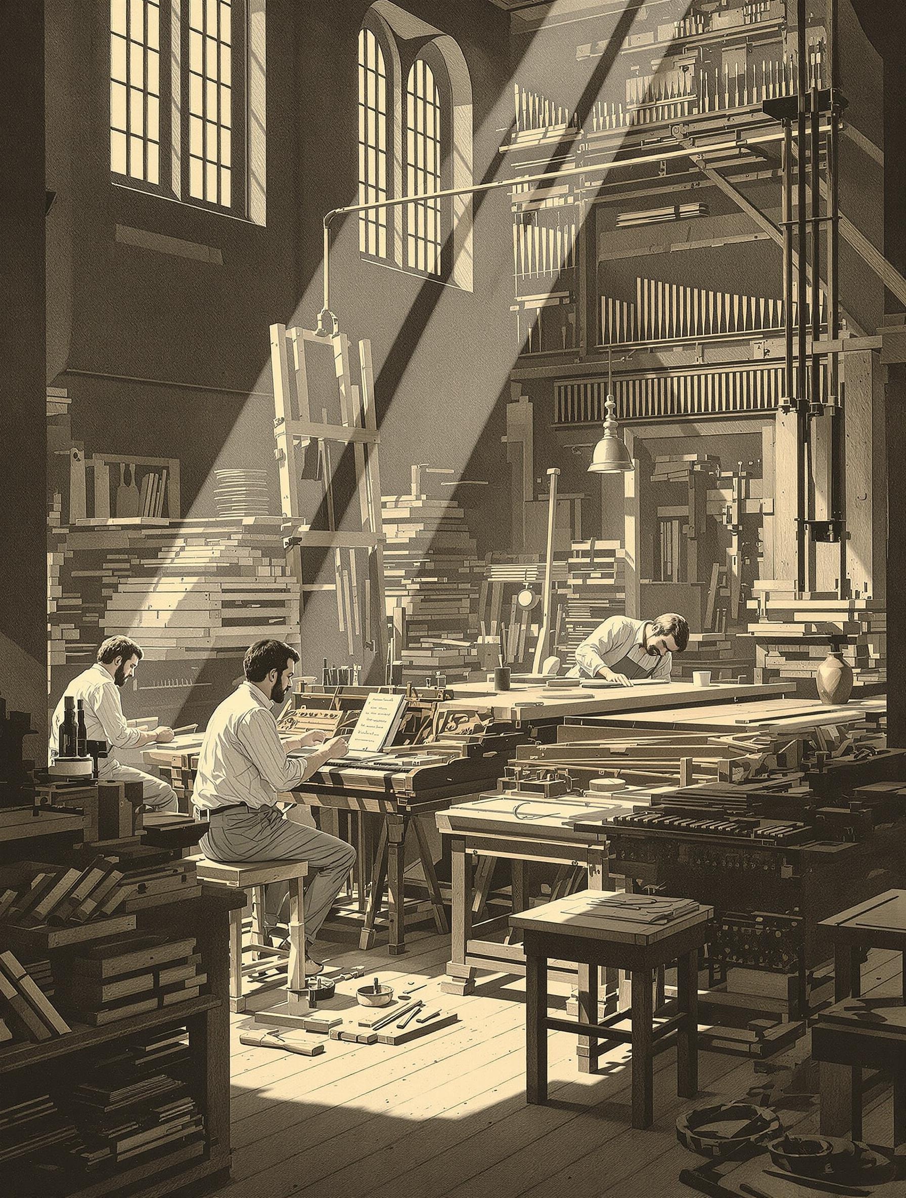 Atelier de fabrication de piano au XIXe siècle