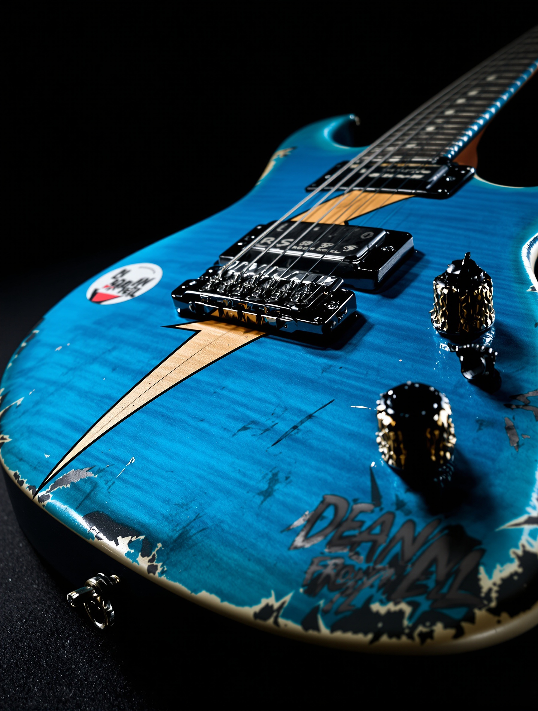 Gros plan sur la guitare Dean ML emblématique de Dimebag Darrell, la 'Dean From Hell', montrant ses autocollants distinctifs et son design agressif, symbolisant son approche brute et puissante de la musique.