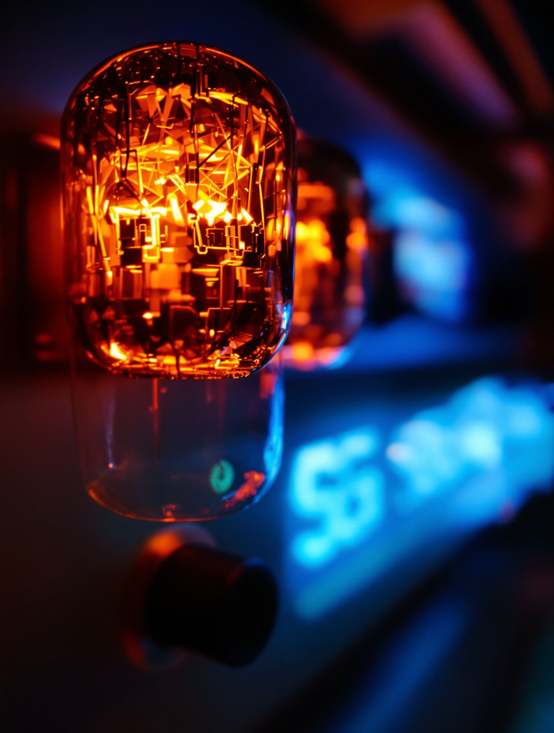 Gros plan artistique sur les lampes rougeoyantes d'un ampli vintage, avec en arrière-plan flou un ampli à modélisation et son écran digital. La chaleur analogique face à la précision numérique.