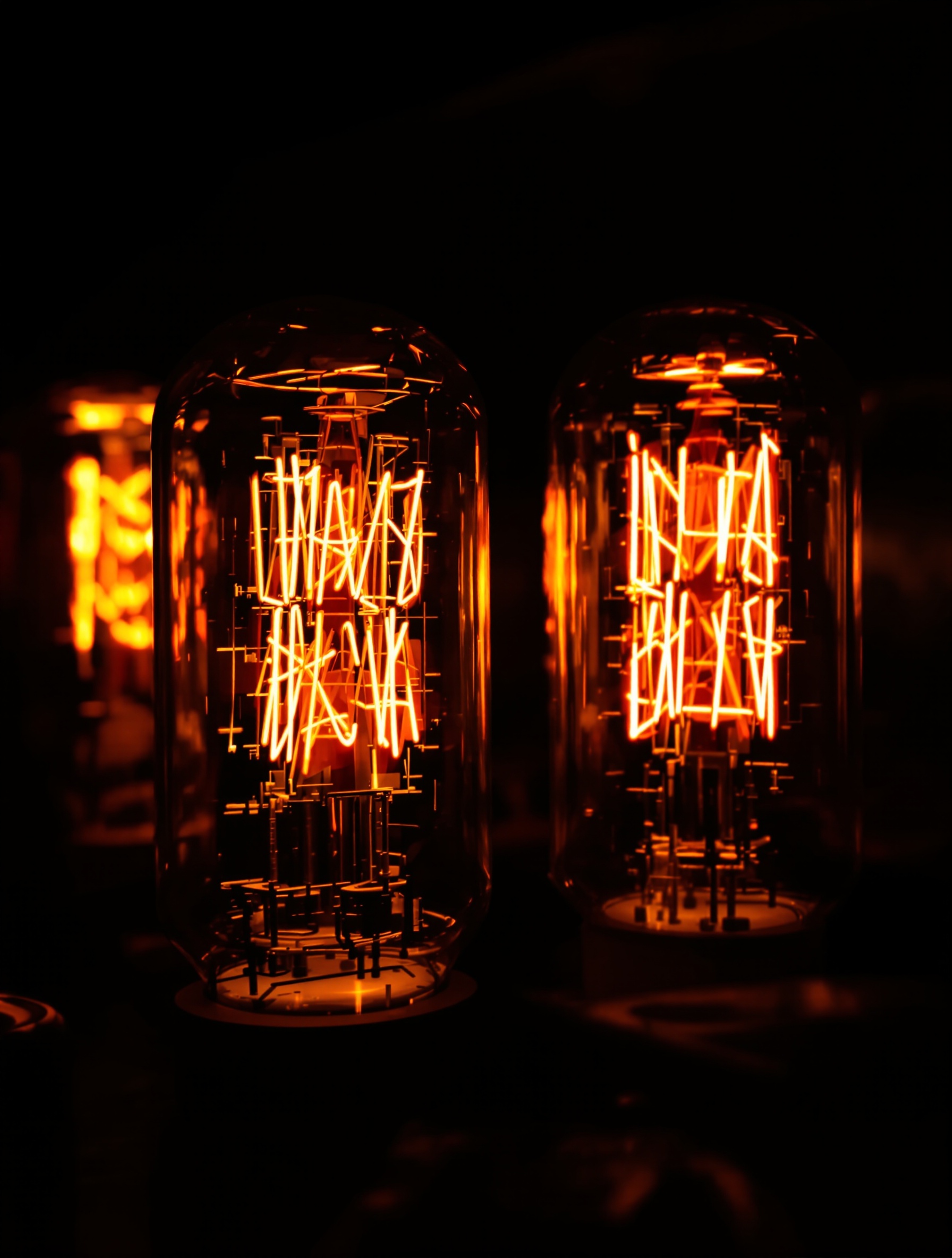 Filaments oranges incandescents dans l'obscurité, lampes d'un ampli vintage