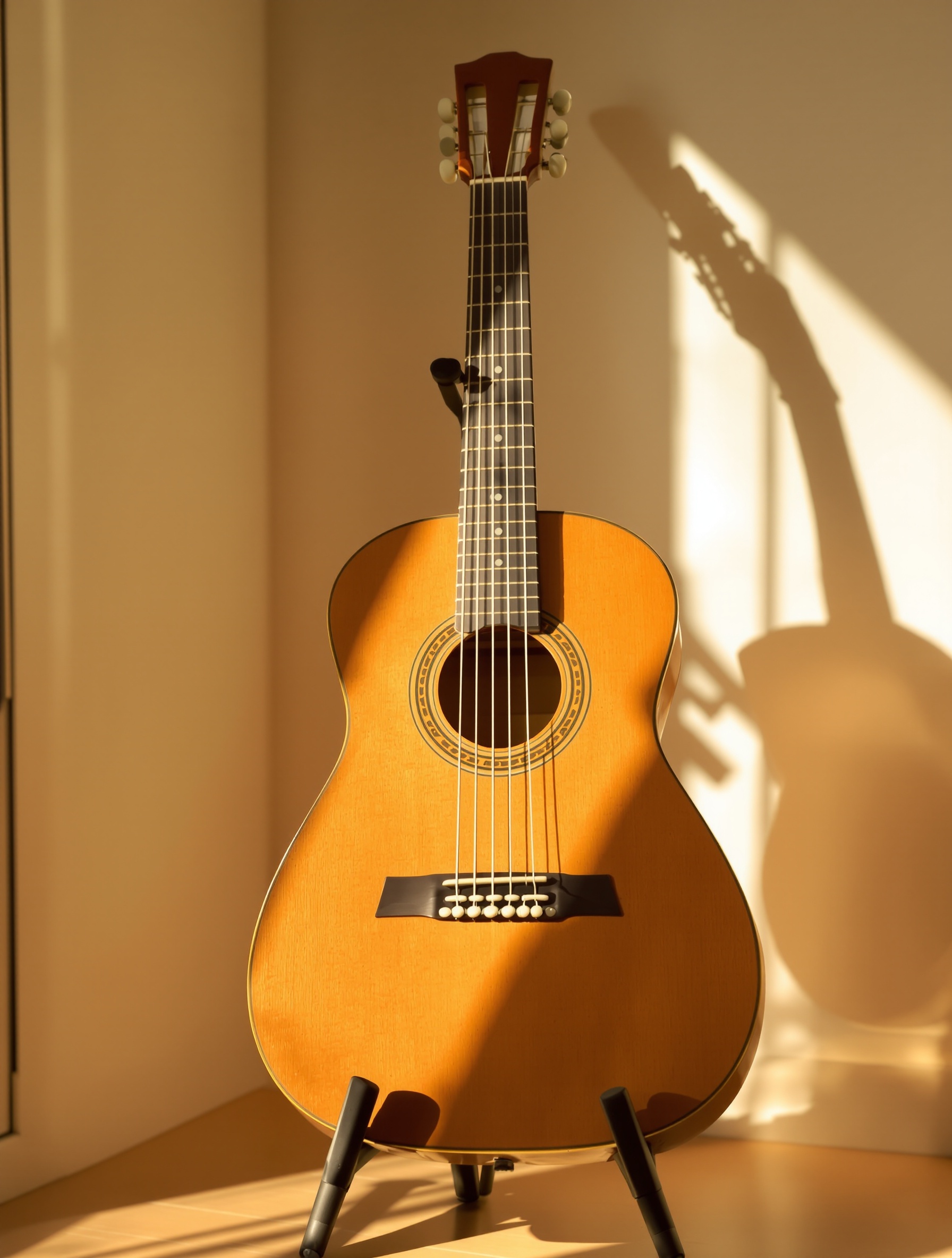 Guitare classique Yamaha C40 sur support, lumière douce et finition naturelle.