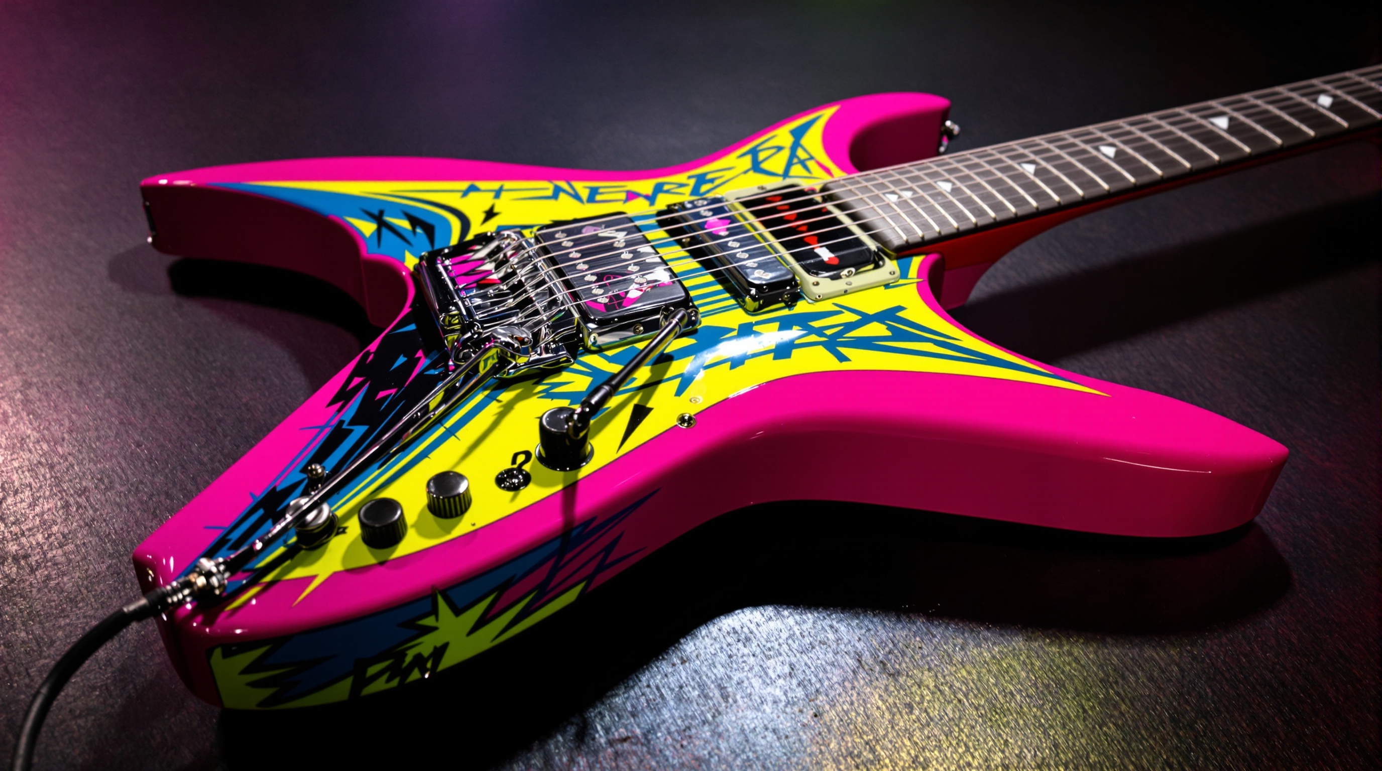 Guitare électrique typique Racer X années 80, vibrato Floyd Rose flashy sur fond lumière hard rock.