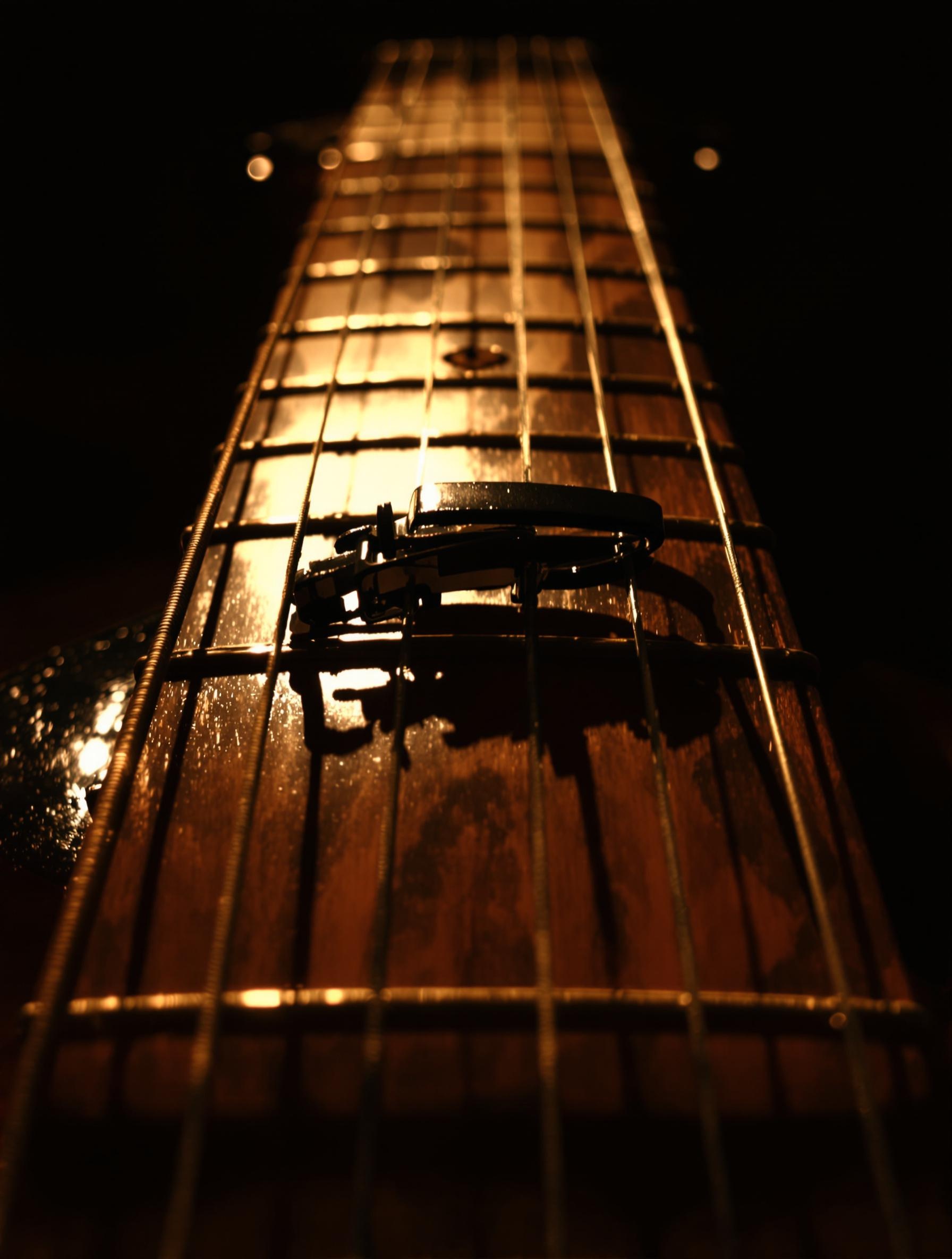 Guitare folk avec capo en case 2, manche en bois verni, lumière tamisée