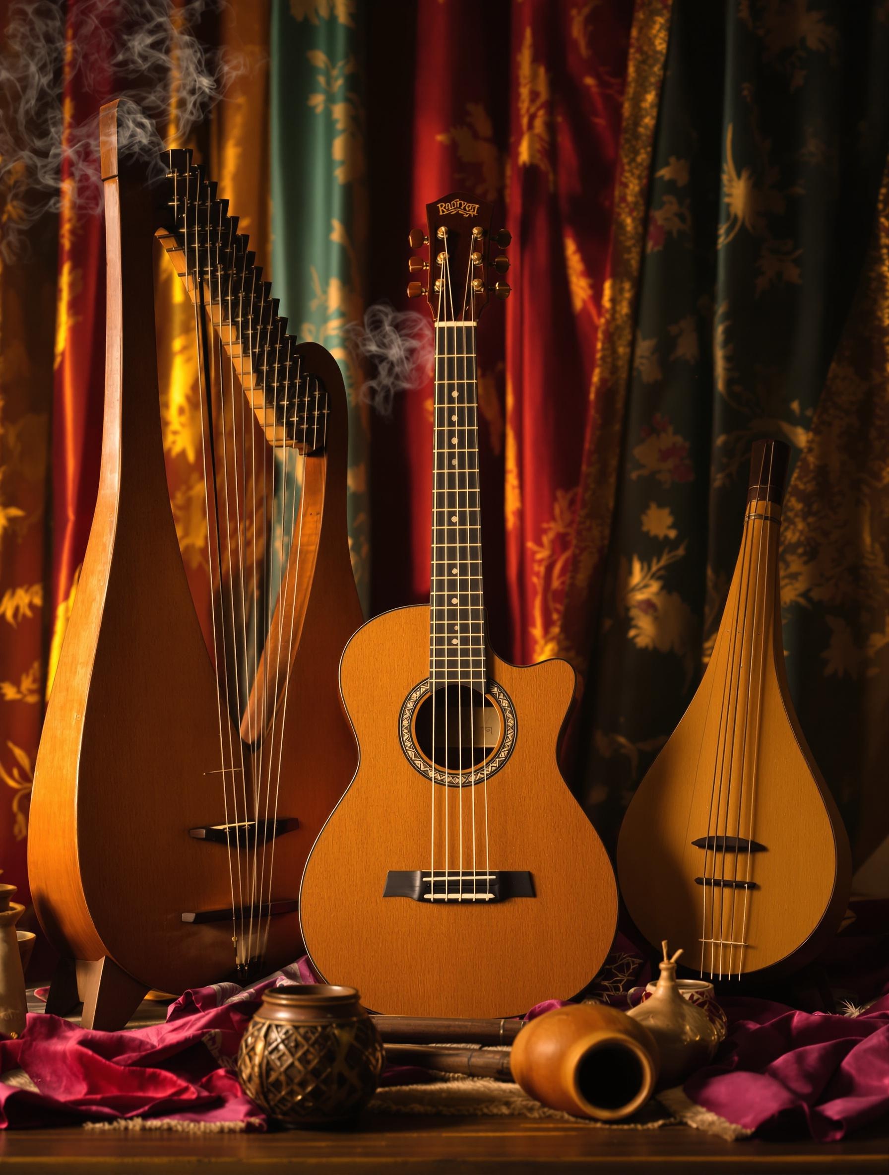 Guitare entourée d'une kora, d'un valiha malgache et d'un shakuhachi japonais